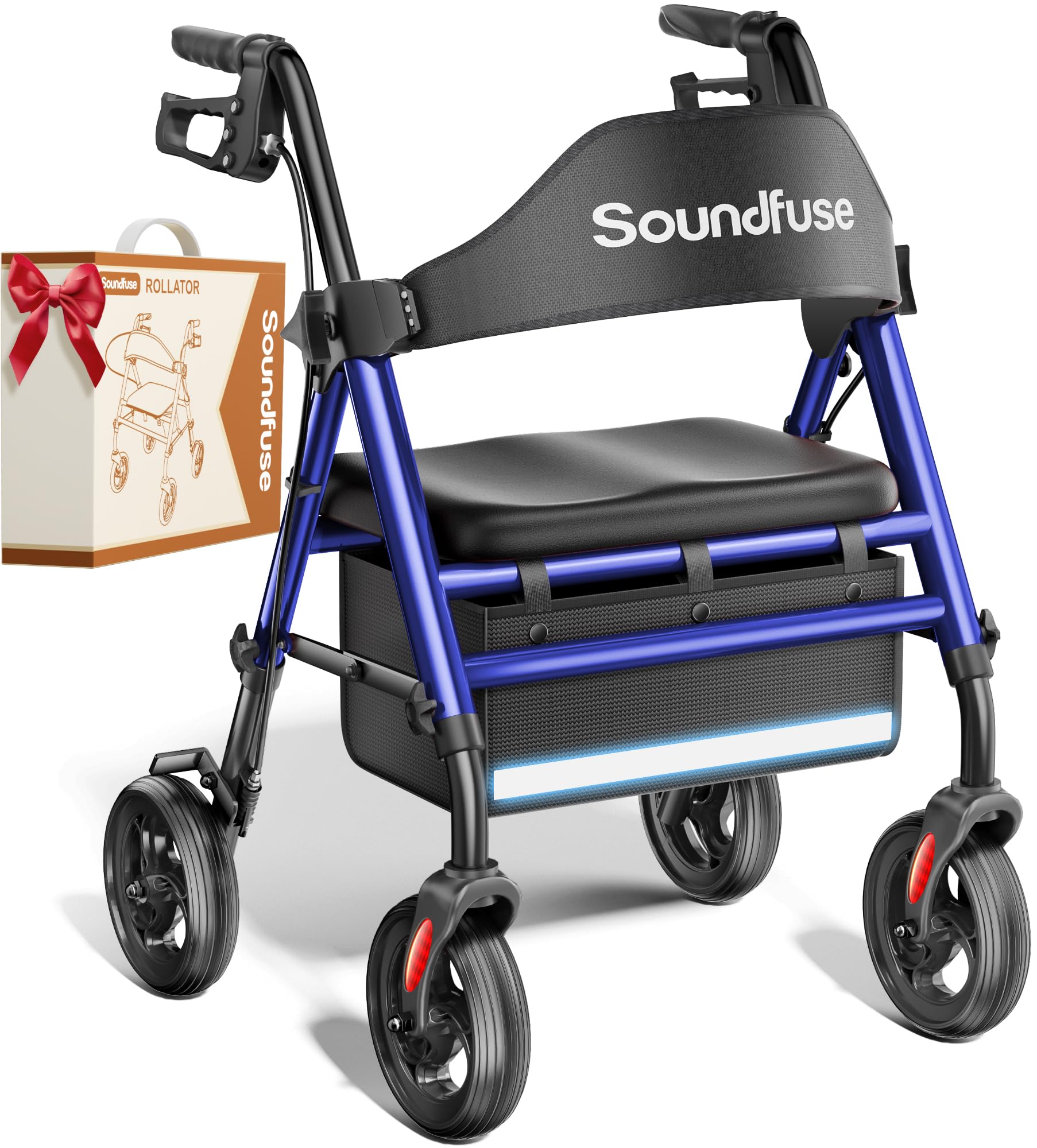 SOUNDFUSE Walkers for Seniors with seat, Foldable Rollator Walker with Double Support Bar, 16" Extra Wide Ergonomic Arc Seat, 8" All Terrain Wheels, 350lb, Dual Height Adjustable, and Storage Bag