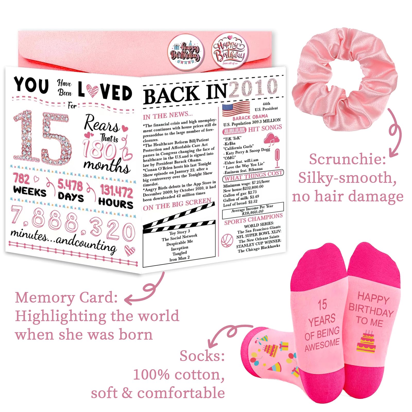SIPBYSOP 15th Birthday Gift Set for Girls Born in 2010: Glass Cup, Necklace, Socks, Cosmetic Bag, Card - Cute 15 Year Old Girl Gifts