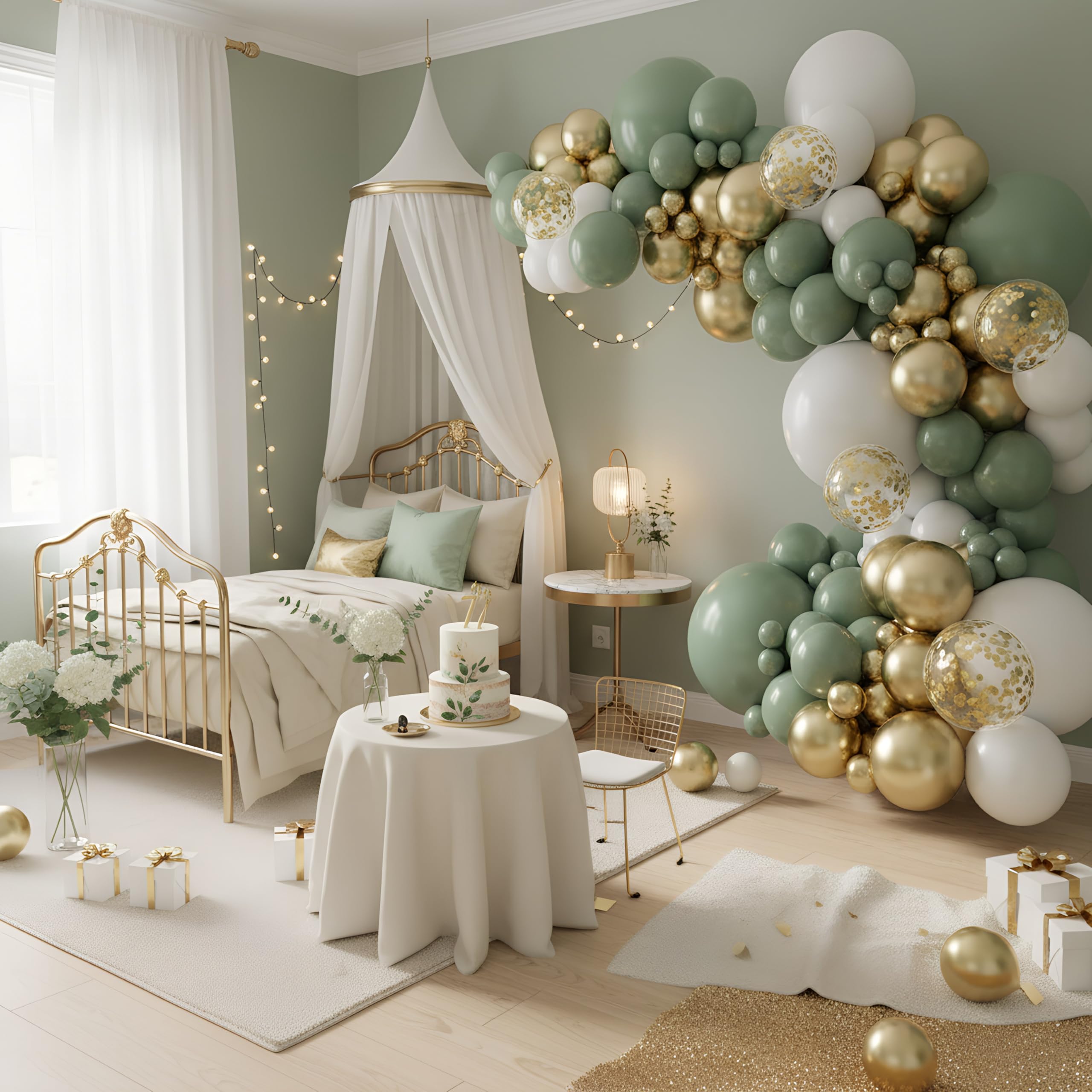 Balloon Garland Arch Kit – 146 Pcs Sage Green, White, Metallic Gold & Confetti Balloons for Baby Shower, Birthday, Gender Reveal, Wedding Party – DIY Kit by Vellax™