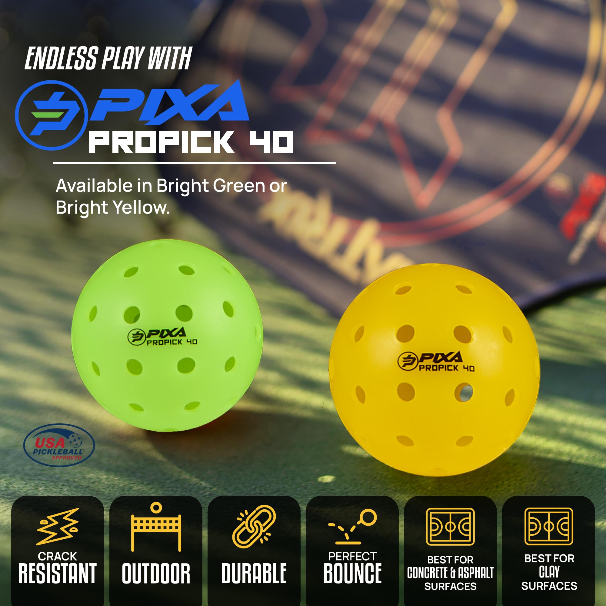 PIXA Propick 40 Unisphere Premium Outdoor Pickleball - USAPA Approved, Tournament Play, Durable Outdoor Pickleballs, Consistent Bounce,Smooth Flight,Competitive Play,Bright Yellow/Green,Pack of 3,6,12