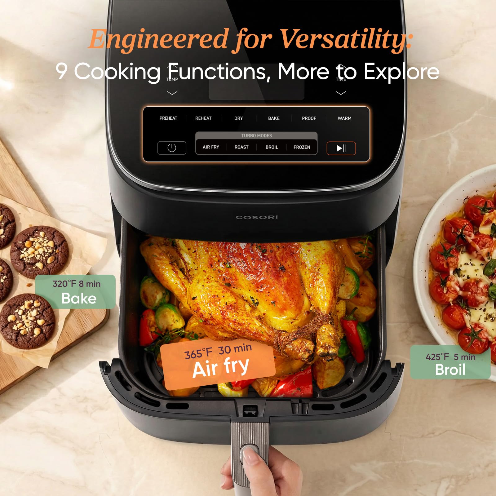Cosori 9-in-1 TurboBlaze Air Fryer 6 Qt, Premium Ceramic Coating, 90°ā450°F, Precise Heating for Even Results, Air Fry, Roast, Bake, Broil, Dry, Frozen, Proof, Reheat, Keep Warm, 120V, Dark Gray