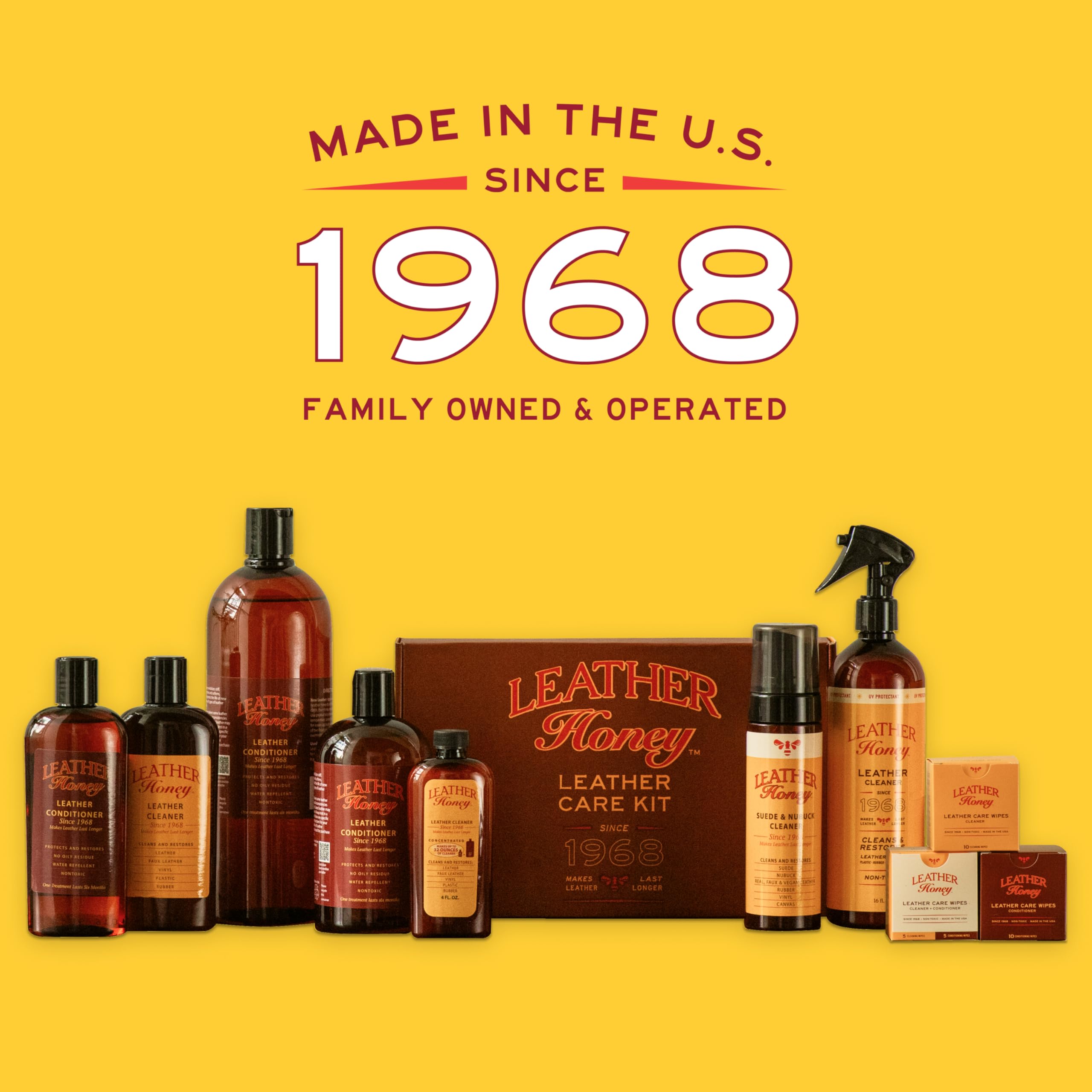 Leather Honey Complete Leather Care Kit: Cleaner, Conditioner, 2 Cloths. Non-Toxic Leather Care Made in the USA Since 1968. Restore Couches, Car Seats & Interior, Jackets, Shoes & Bags. For Any Color