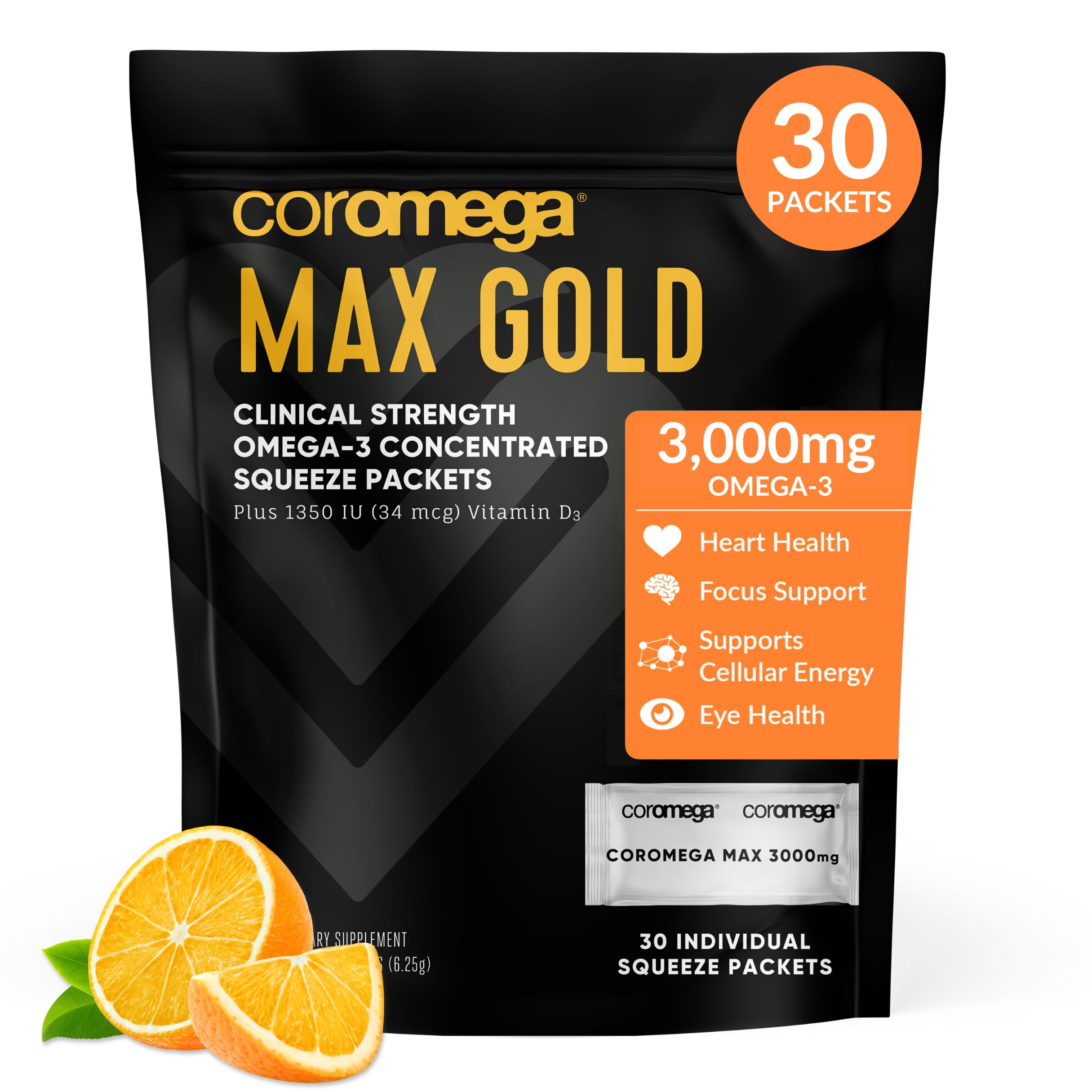 Coromega MAX Gold 3000mg Omega-3 Fish Oil + Vitamin D Squeeze Packets, Wild-Caught, No Fishy Taste - 3X Better Absorption Than Softgels, Supports Brain & Heart Health (30 Servings, Orange Flavor)