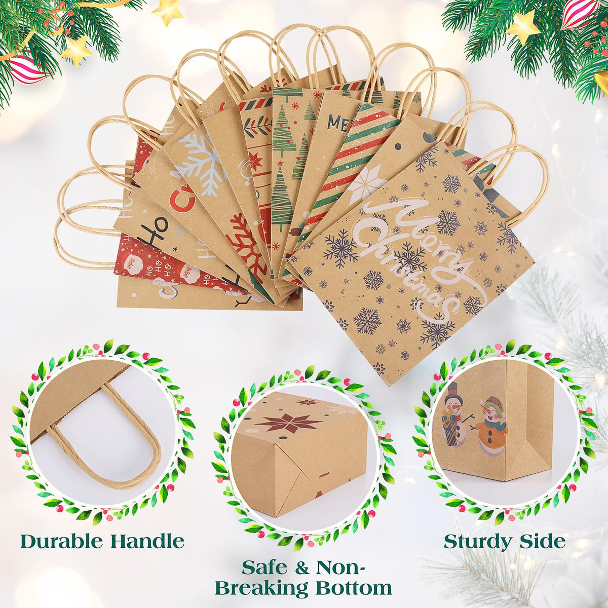 TranquilBliss 12 Unique Christmas Kraft Paper Gift Bags, Durable Handles & Non-Breaking Bottoms, Ideal for Holidays, Birthdays & Parties (24 PCS)