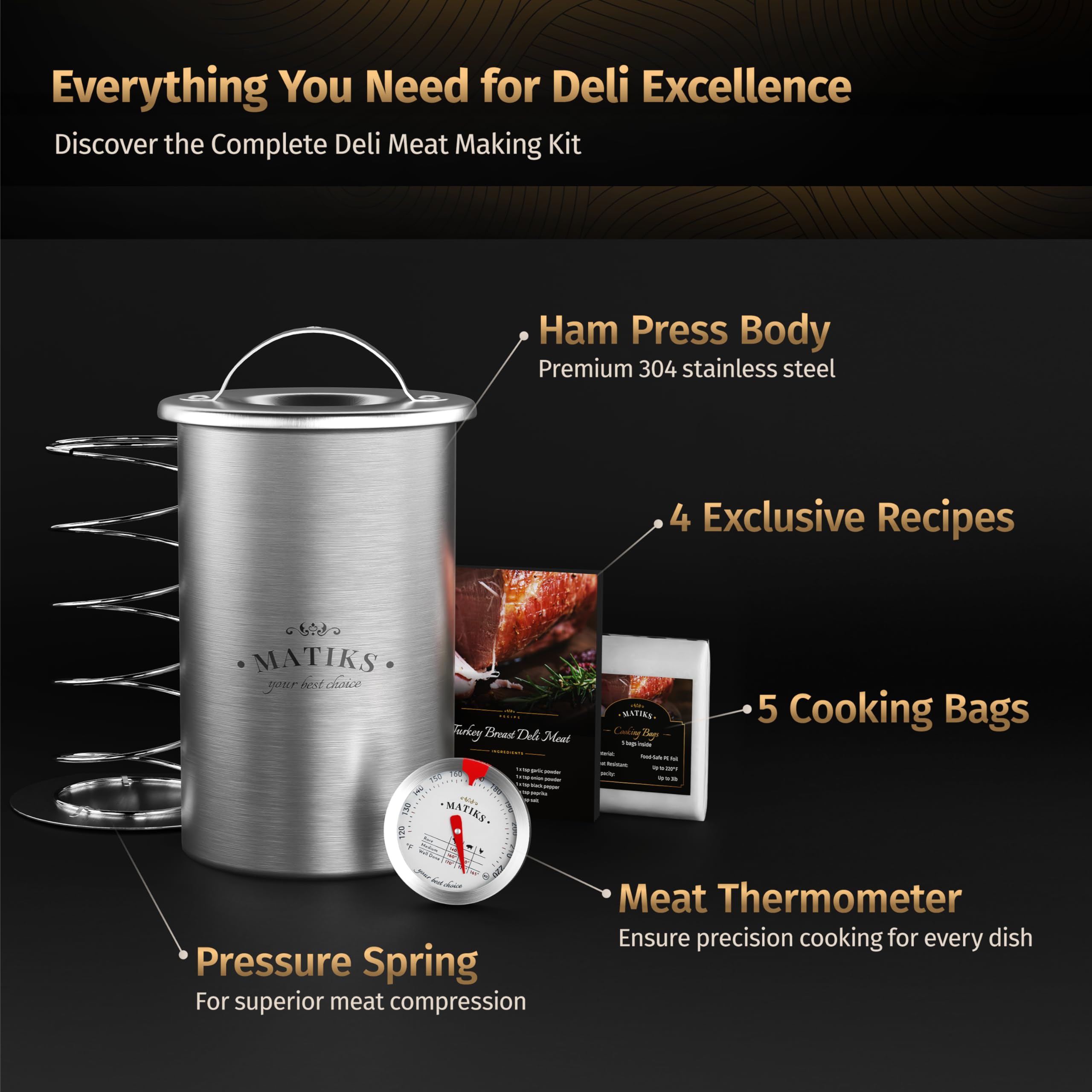 Matiks Deli Meat Press Mold for Deli Meats - Make Your Own Healthy Homemade Ham with This Stainless Steel Lunch Meat Press Maker - Our Ham Maker Includes Bonus Thermometer, Recipes and Cooking Bags