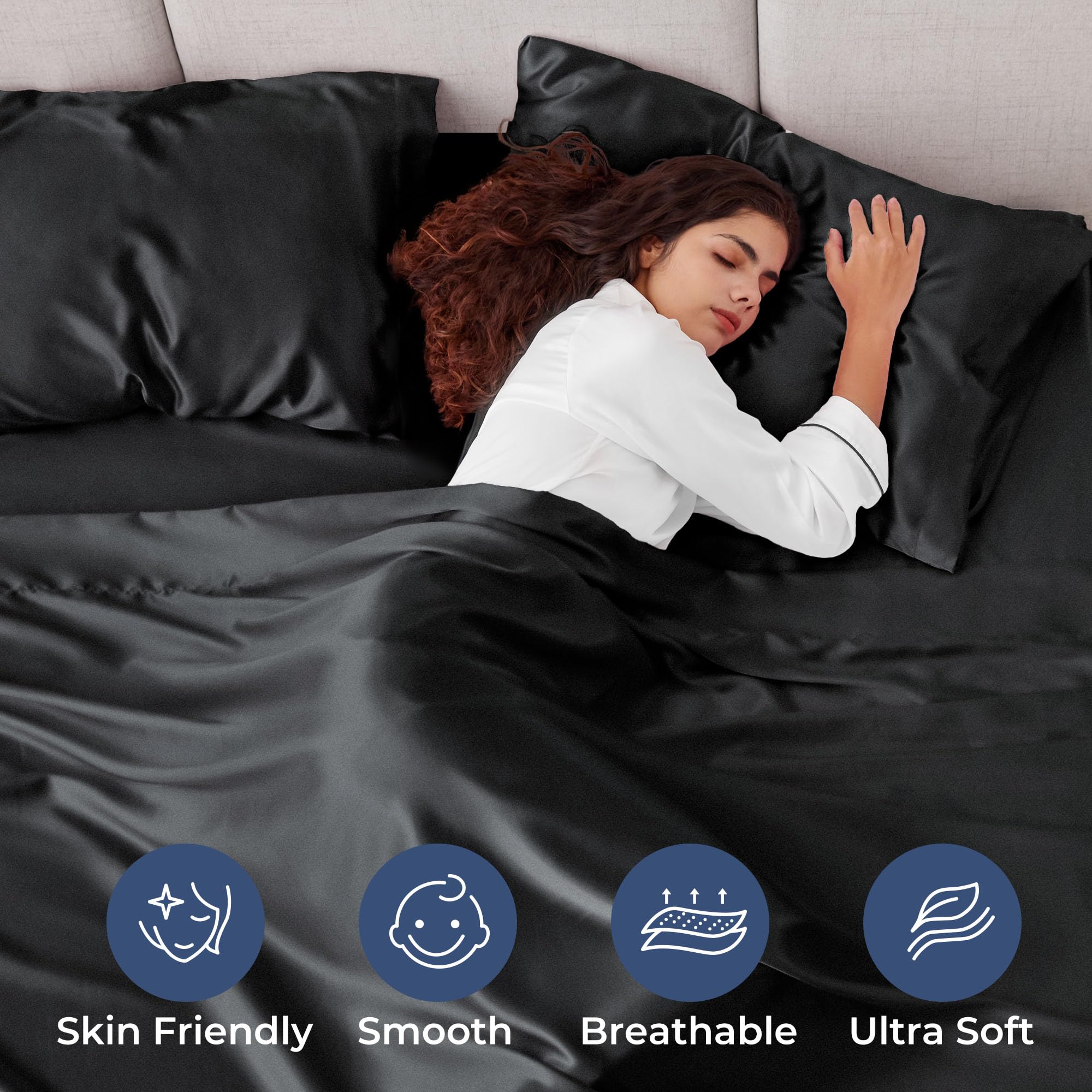 Seasonwood Satin Sheets Set Queen Size 4 Pieces 1800 Microfiber 2 Pillowcase 20''x30'' Black Satin Sheets