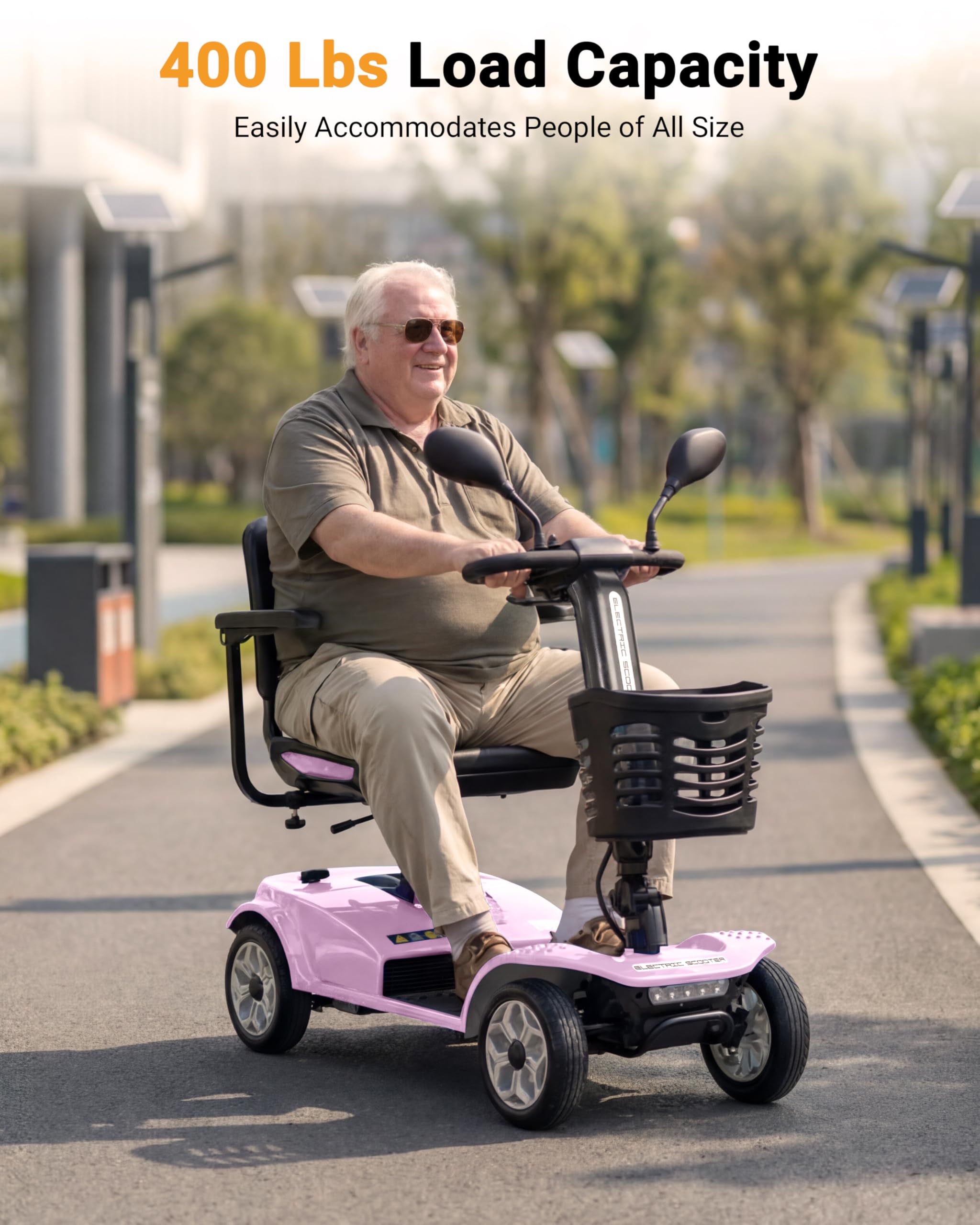 4 Wheel Mobility Scooter 400 LB Capacity, Heavy Duty Electric Scooter for Adults with Adjustable Seat & 27.6” Armrest Spacing, Powered Mobility scooters for Commuting Community & Outdoor Camping, Pink