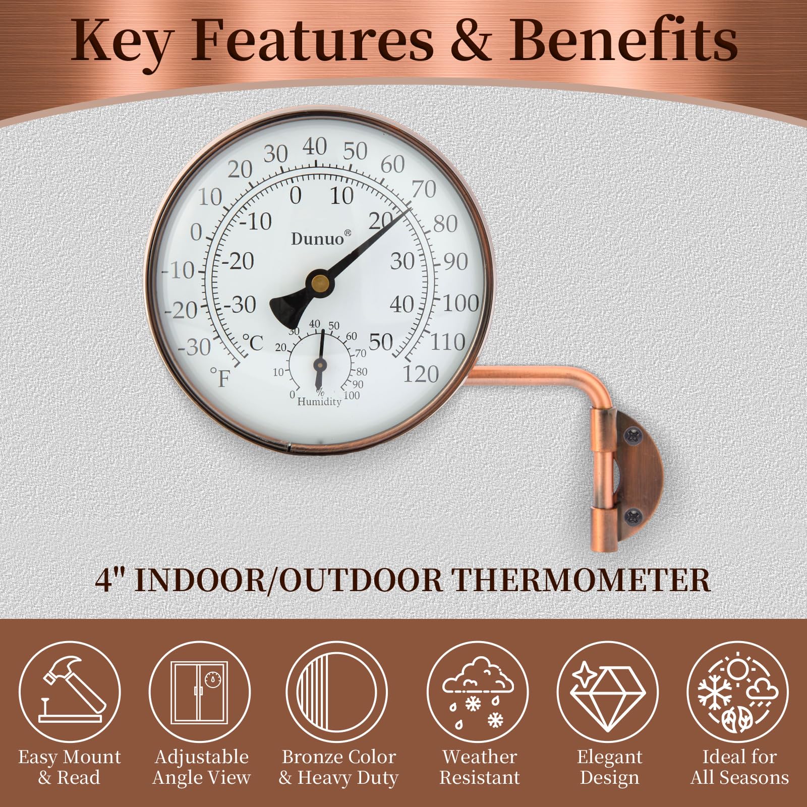 Dunuo 4" Brass Outdoor Thermometer, Indoor Thermometer for Room – Analog Wall-Mount Temperature Gauge with Humidity – Decorative for Patio, Garage, House, Greenhouse, Window, Antique Bronze