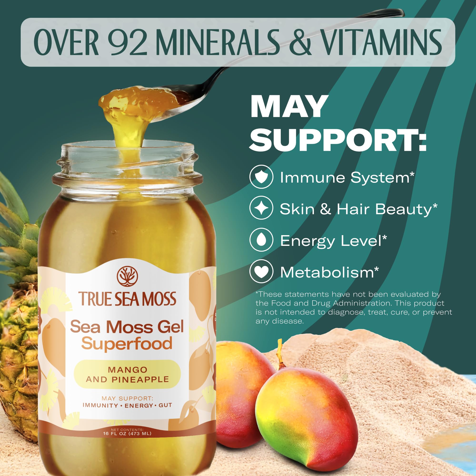TrueSeaMoss Wildcrafted Irish Sea Moss Gel - Seamoss, Gut Health & Antioxidant Supports - Made in USA (Mango/Pineapple, Pack of 1)
