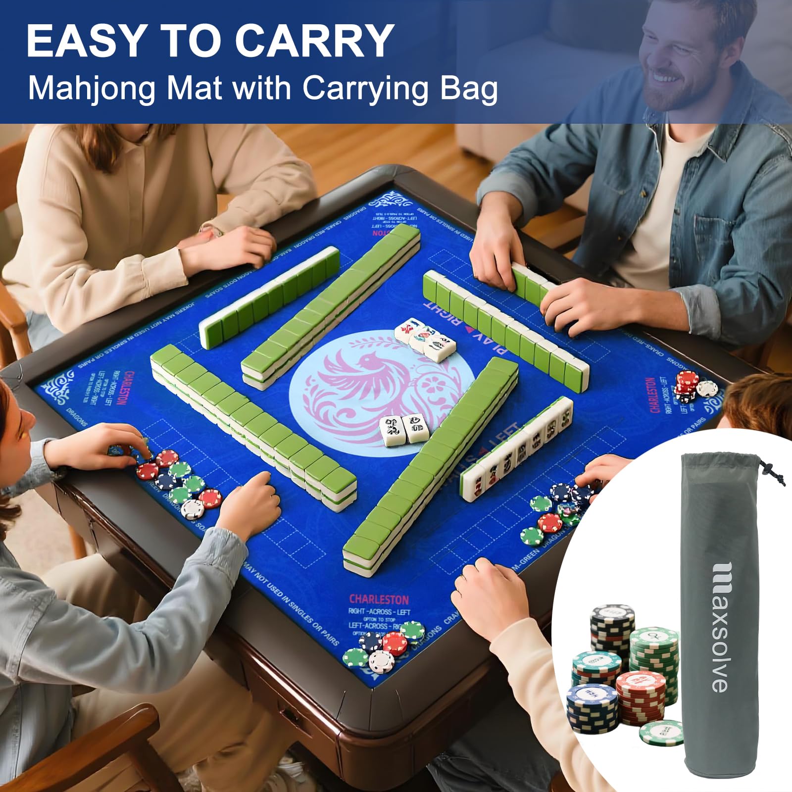 2025 Mahjong Mat, 31.5" x 31.5" Neoprene Mahjong Table Mat with Rules, Anti Slip & Noise Reduction Gaming Mat for Poker, Card, Dominoes, Board & Tile Games, Mahjong Gift with Carrying Bag - Blue