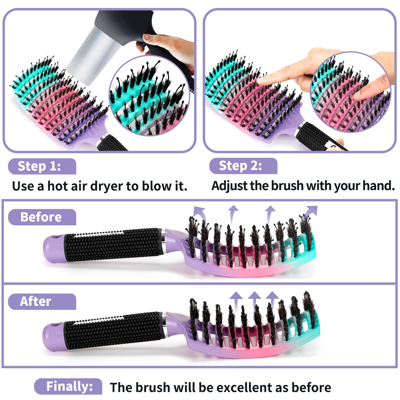 Detangling Brush 2 Pack, HIPPIH Detangler Hair brush for Adult & Kids’ Wet or Dry Hair, Boar Bristle Hair Brush Getting Knots Out without Pain Adds Shine and Makes Hair Smooth Purple