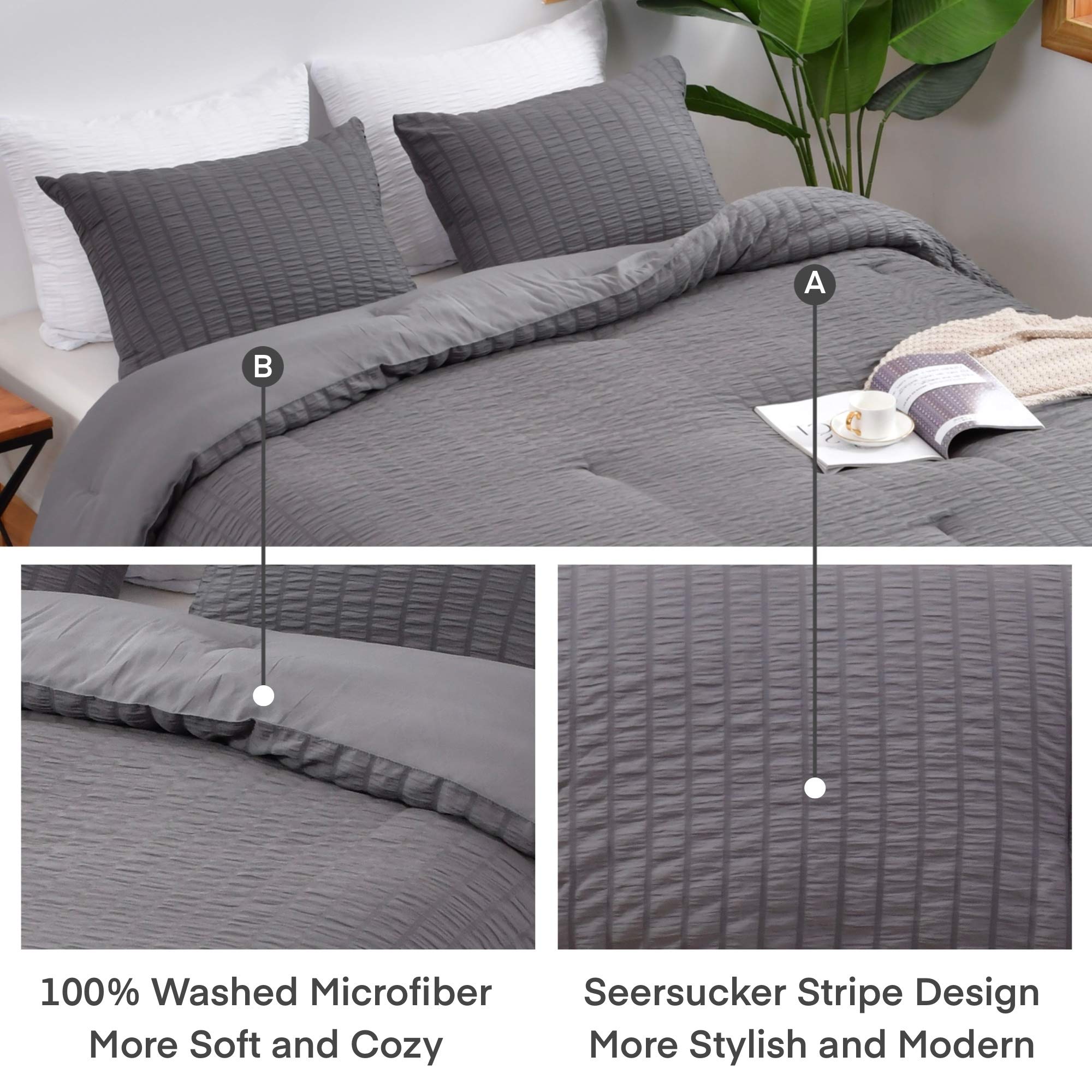 AveLom Seersucker King Comforter Set (104x90 inches), 3 Pieces - 100% Soft Washed Microfiber Lightweight Comforter with 2 Pillowcases, All Season Down Alternative Comforter Set for Bedding, Gray