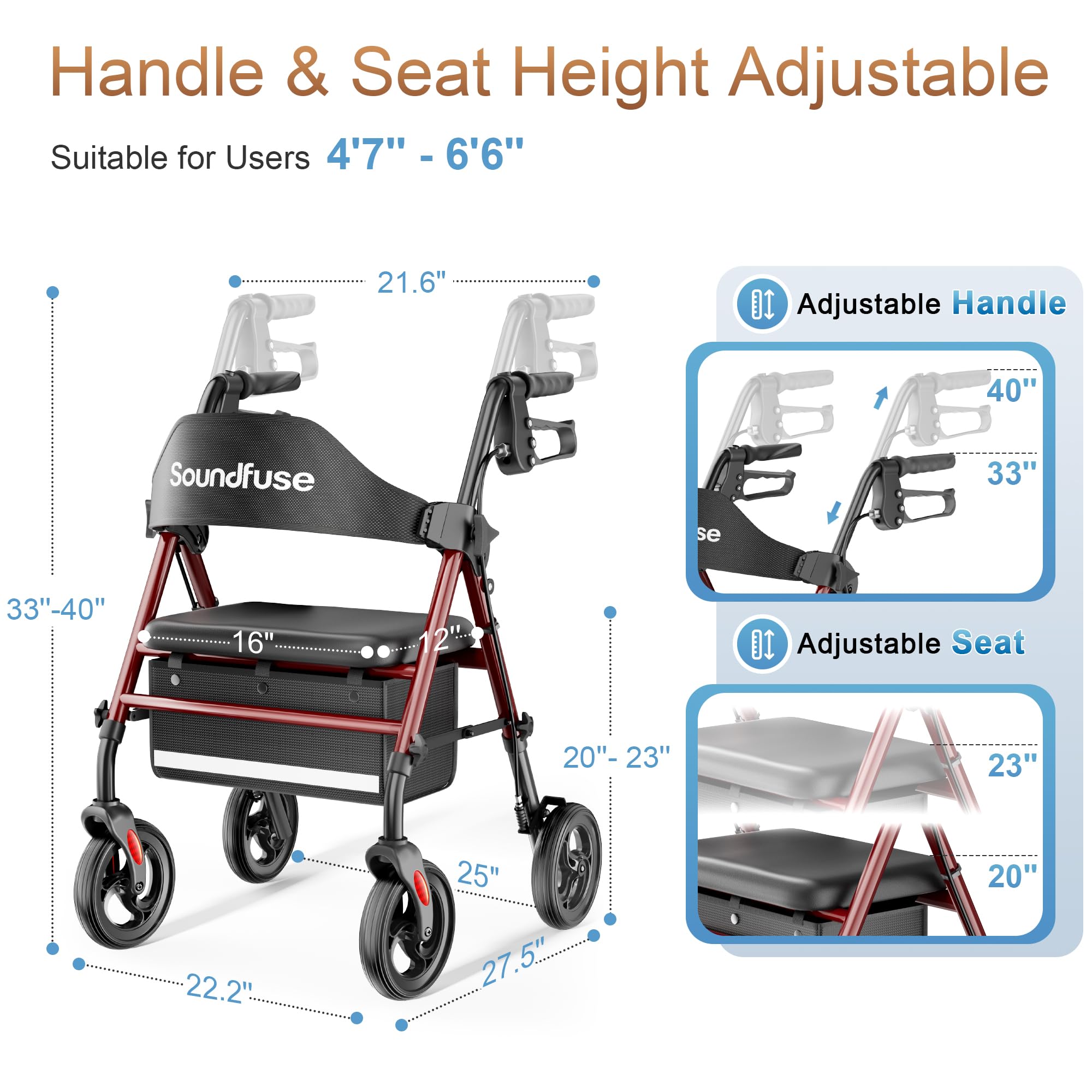 SOUNDFUSE Walkers for Seniors, Rollator Walker with Seat, 8" All Terrain Wheels, Double Support Bar, 350lb, 16" Ergonomic Arc Seat and Comfortable Backrest, Dual Height Adjustable and Foldable Design