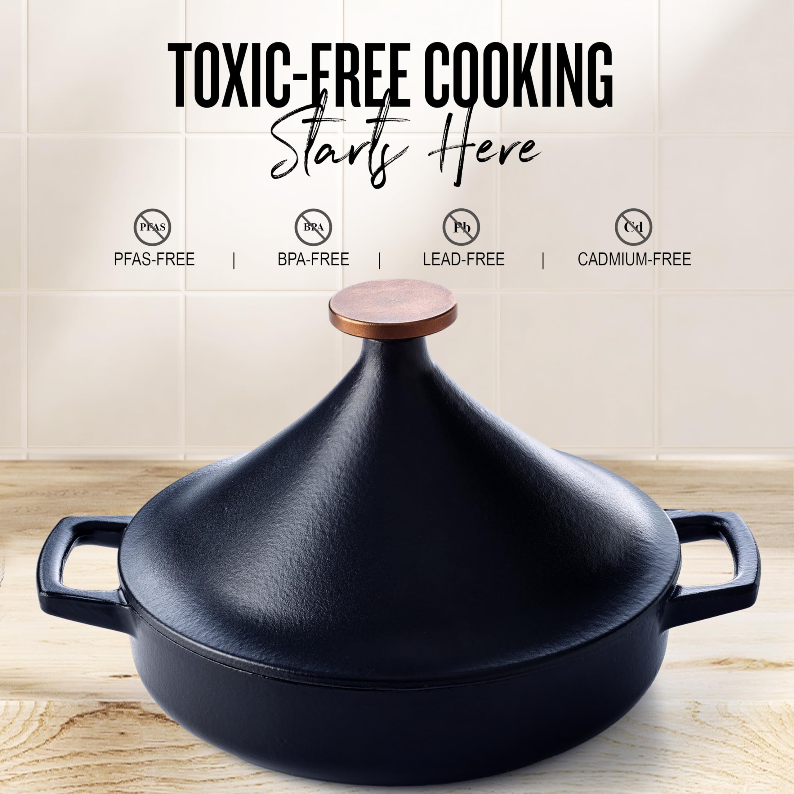 Alva Nori 3-Qt Enameled Cast Iron Tagine – Made With No PTFE, PFOA, PFAS, Oven & Induction Safe – 3-Layer Enamel, No Seasoning Needed – Moroccan-Style Dutch Oven for Braising, Stewing & Roasting, Black