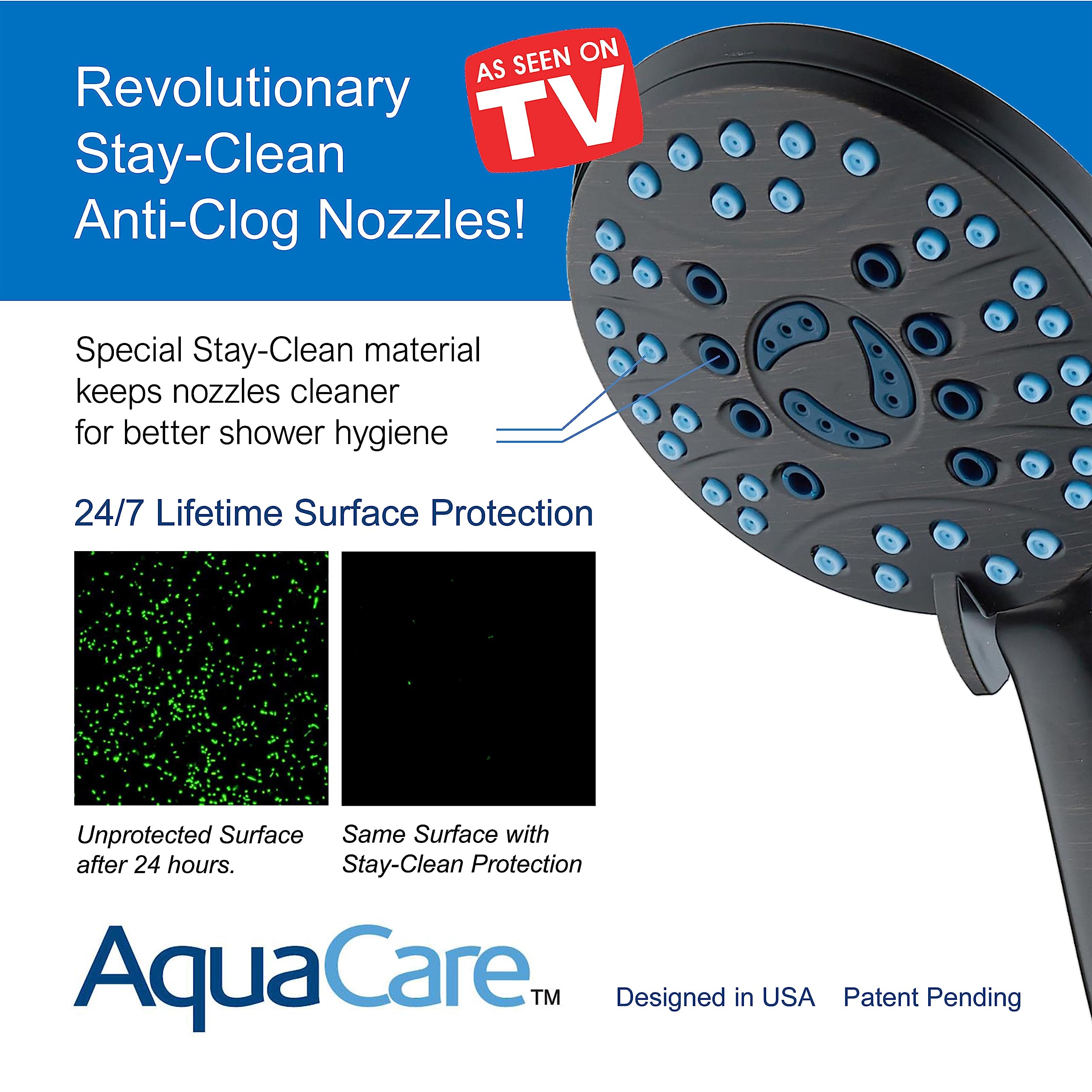 AquaCare High Pressure 8-mode Handheld Shower Head - Anti-clog Nozzles, Built-in Power Wash to Clean Tub, Tile & Pets, Extra Long 6 ft. Stainless Steel Hose, Wall & Overhead Brackets