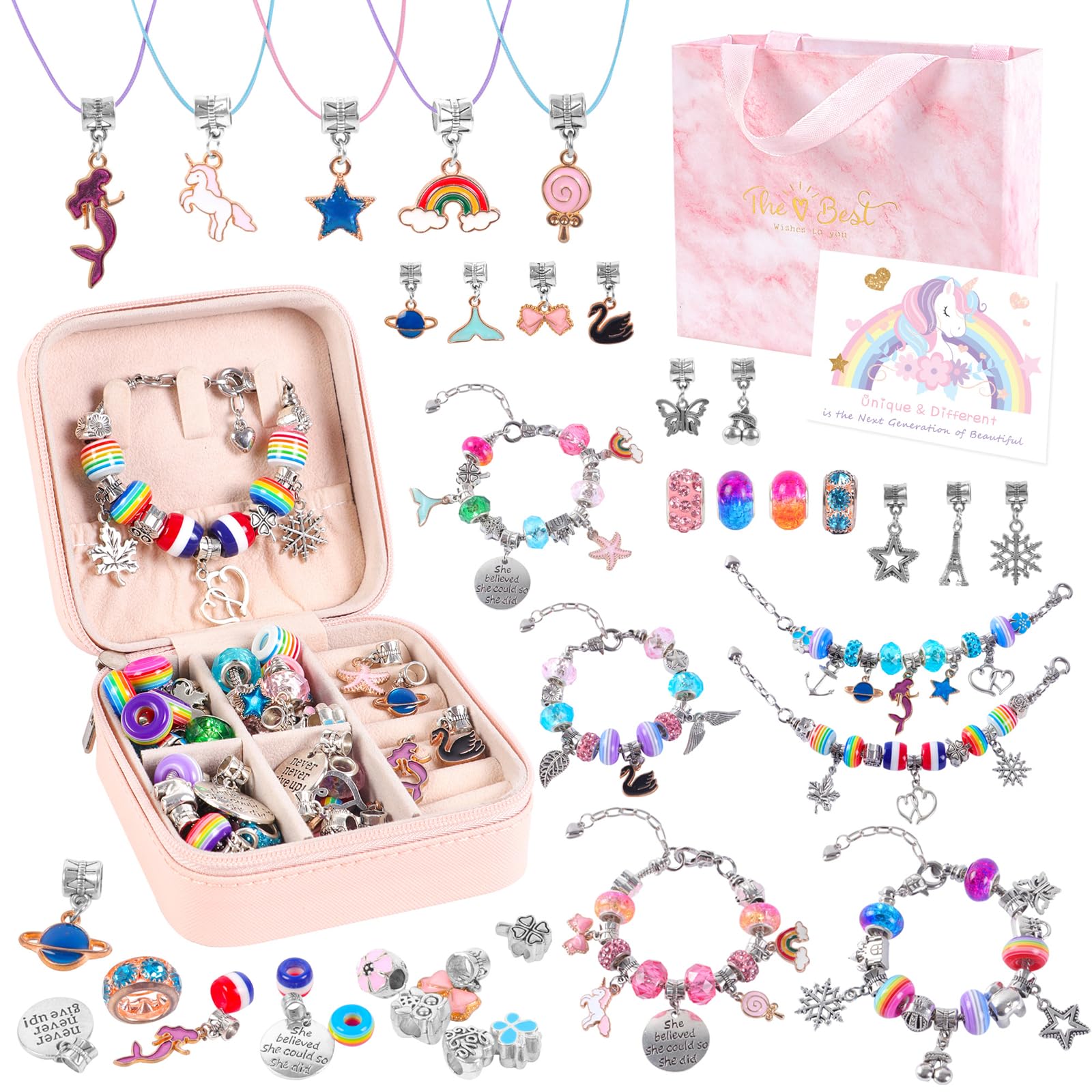 ELLENER Charm Jewelry Making Kit,Bracelet Making Kit for Girls 8-12,Ready to Gift,Fun and Easy to Make,68 Pcs Cute Sparkling That Inspires Creativity and Self-Expression