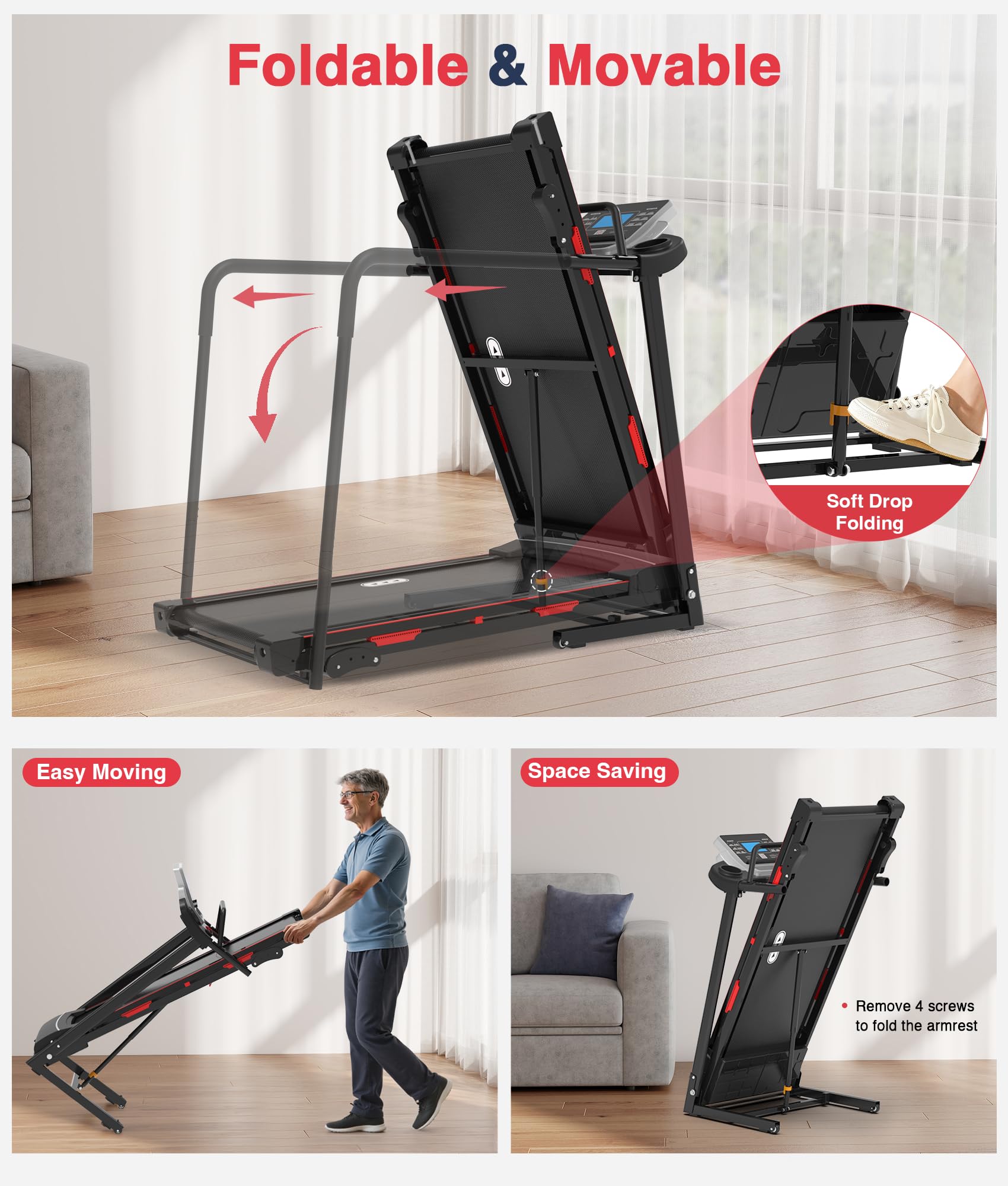 Redliro Walking Treadmill for Seniors Foldable - 400 Lb Capacity Senior Treadmill with Front & Long Handrails, 0%-2% Incline Home Recovery Fitness Exercise Machine for Elder, 47.6” Long Belt, APP