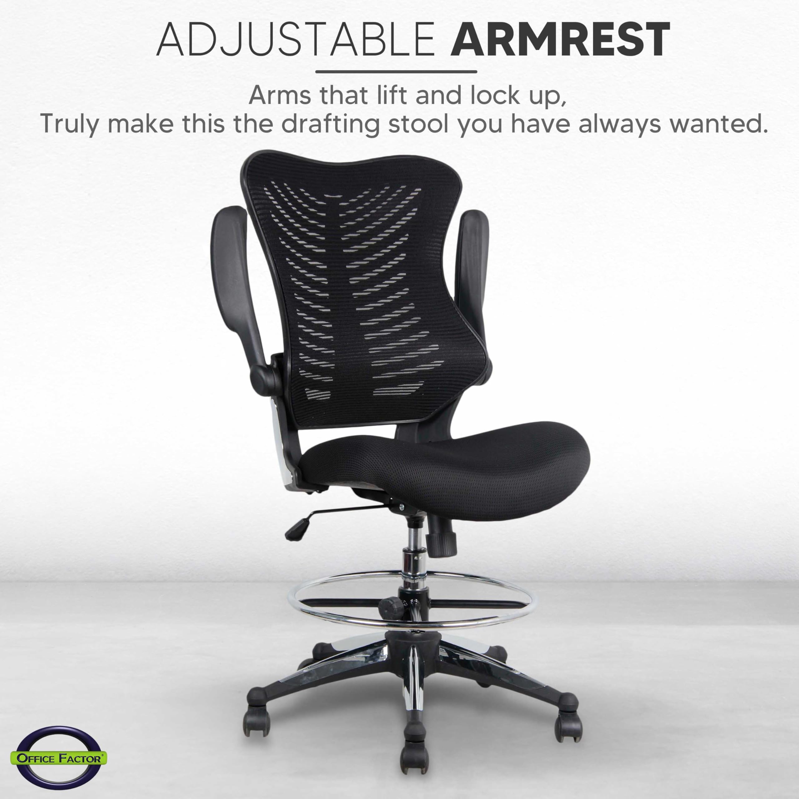 OfficeFactor Ergonomic Drafting Chair Tall Office Chair Standing Desk Chair Flip up Armrests Molded Foam Seat with Adjustable Footrest Ring Lumbar Support (Black MESH Fabric)