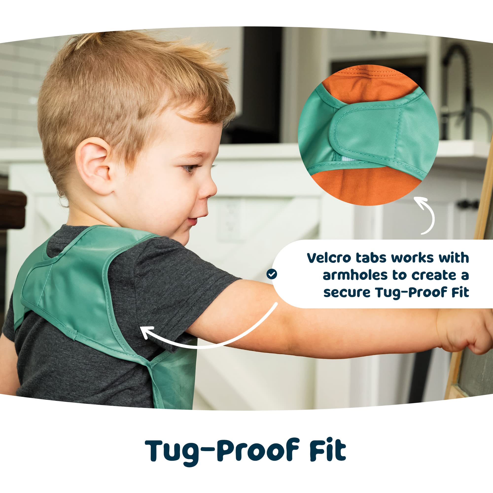 Tiny Twinkle Mess-Proof Apron Toddler Bibs w/Tug-Proof Closure, Baby Food Bibs, 2 Pack (Slate Olive, Small 6-24 Months)