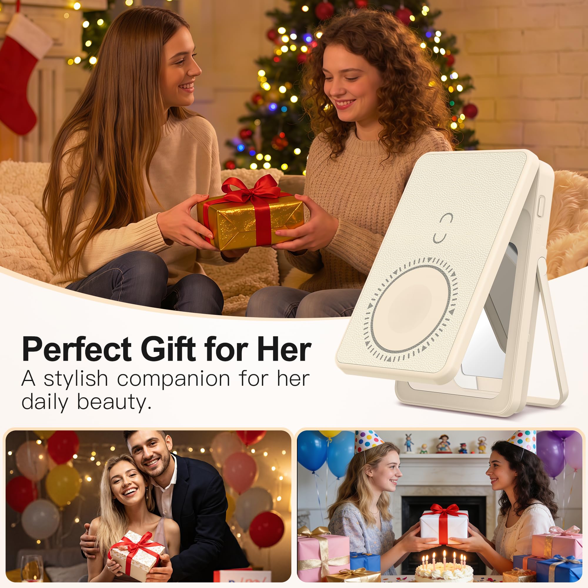 5-in-1 Magnetic Wireless Power Bank, 5000mAh Portable Charger with LED Mirror, Phone Stand, Card Holder & Bluetooth Remote, 20W Fast Charging for iPhone & Android, Travel Essential for Women, Khaki