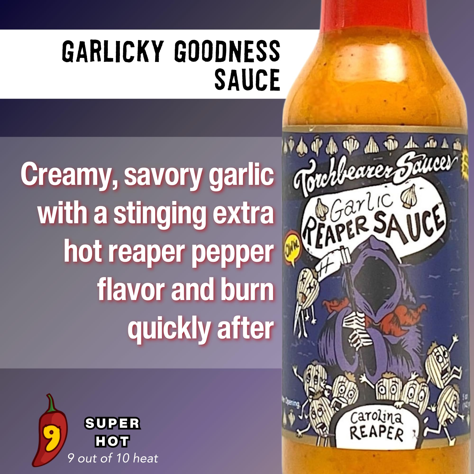 Torchbearer Sauces Garlic Reaper Sauce, 5oz Garlic & Carolina Reaper Hot Sauce, Heat Level 9 - Featured on Hot Ones - All Natural, Extract-Free, Made in USA