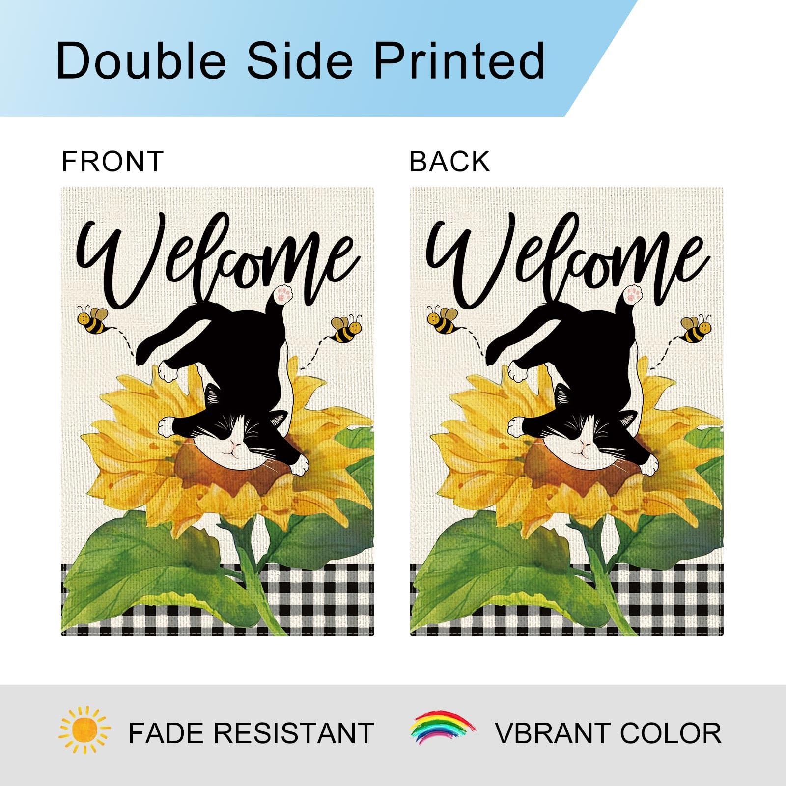 DLZDN Summer Sunflower Cat Garden Flag Funny Tuxedo Cat Garden Flags 12×18 Inch Double Sided Buffalo Plaid Farmhouse Welcome Yard Flag Spring Summer Seasonal Outdoor Decor