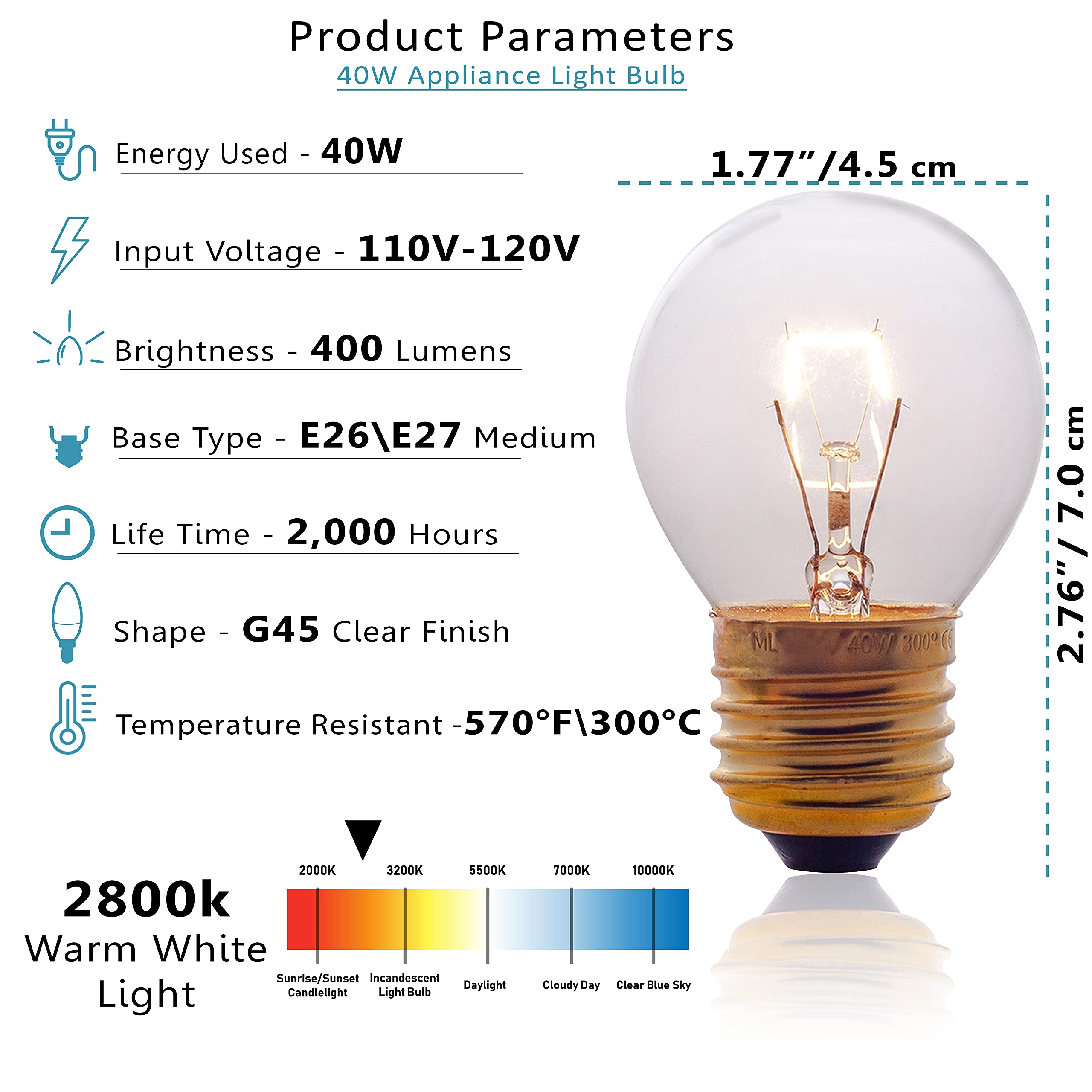 Oven Light Bulbs – 40 Watt Appliance Replacement Bulbs for Oven, Stove, Refrigerator, Microwave. Incandescent - High Temp G45 E26/E27 Socket -Warm White - 400 Lumens - Clear.2 Pack