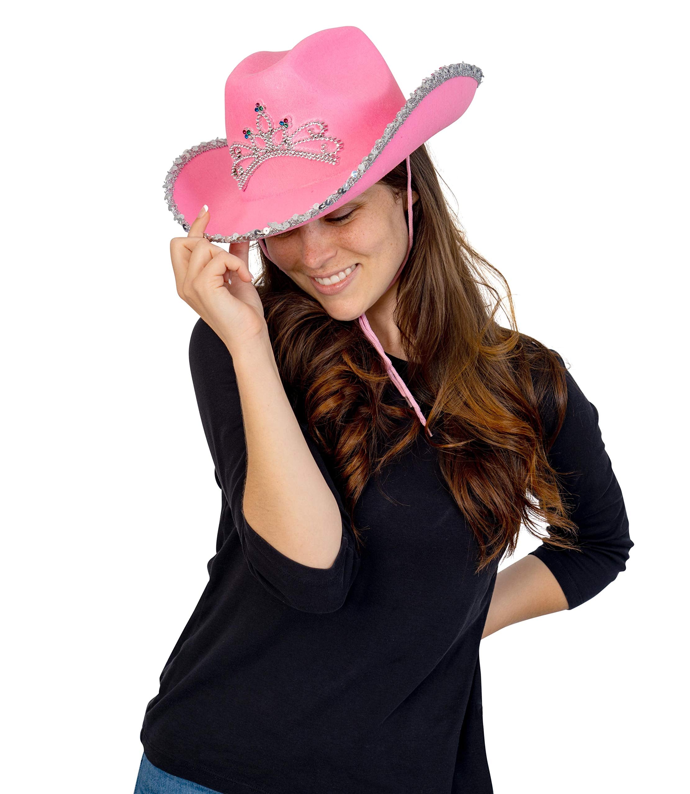 Skeleteen Pink Cowboy Hat - Pink Sequin Cowgirl Princess Hat with Crown Tiara Design