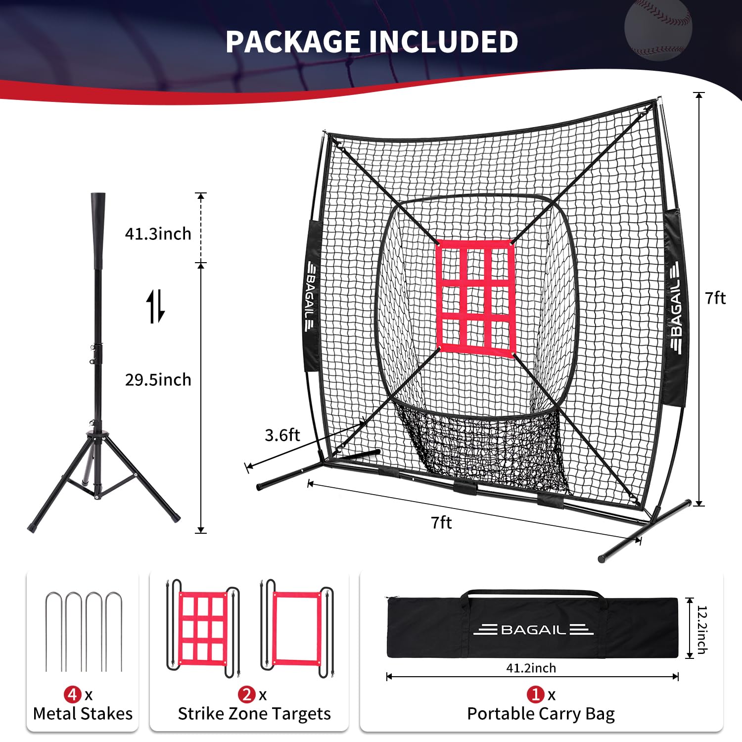 BAGAIL 7x7 ft Baseball & Softball Practice Net with Bow Frame for Batting, Hitting, Pitching, Portable Baseball Throwing Net with 2 Strike Zone Batting Tee, Carry Bag, Great for All Levels