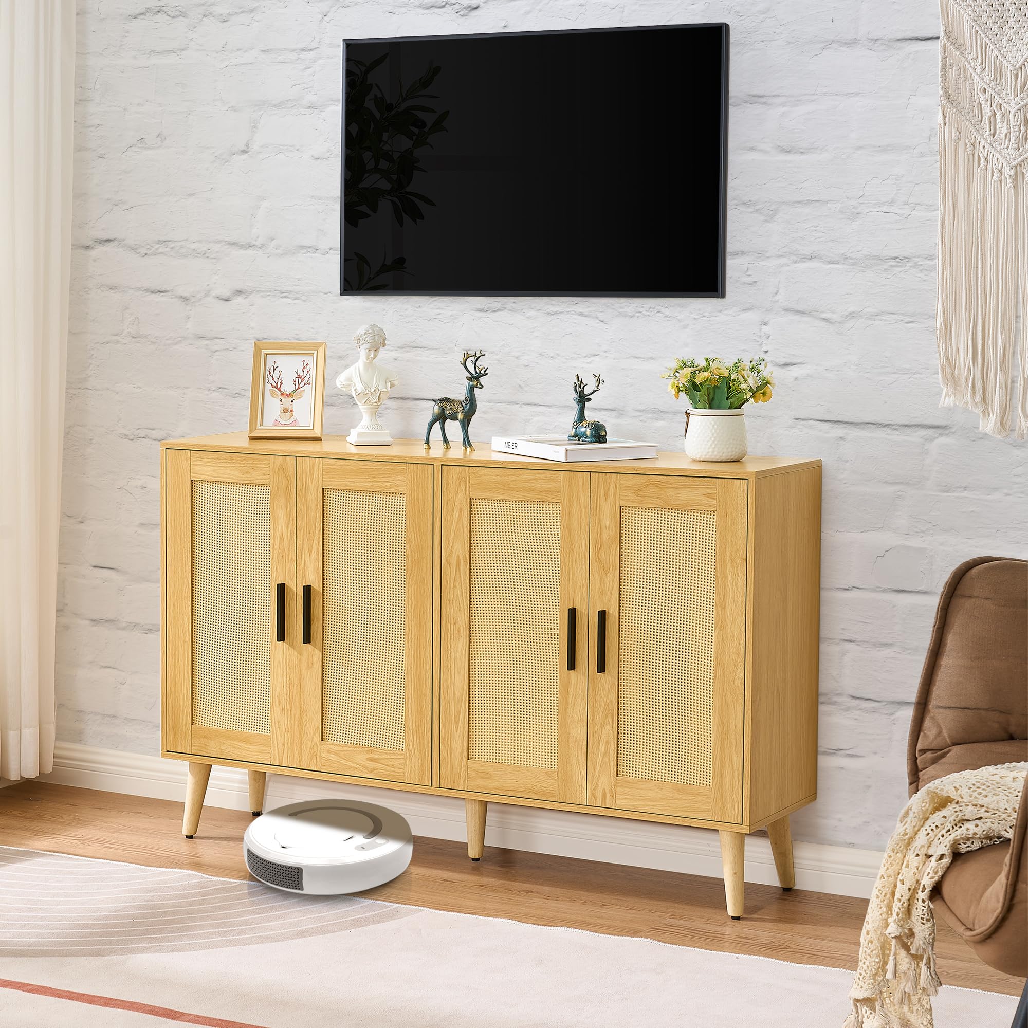 HOMSHO Rattan Sideboard Buffet Cabinet with Double Doors and Adjustable Shelves, Boho Floor Storage Cabinet, Accent Cabinet for Dining Room, Living Room, Hallway, 47.2"x 11.8"x 29.5", Natural