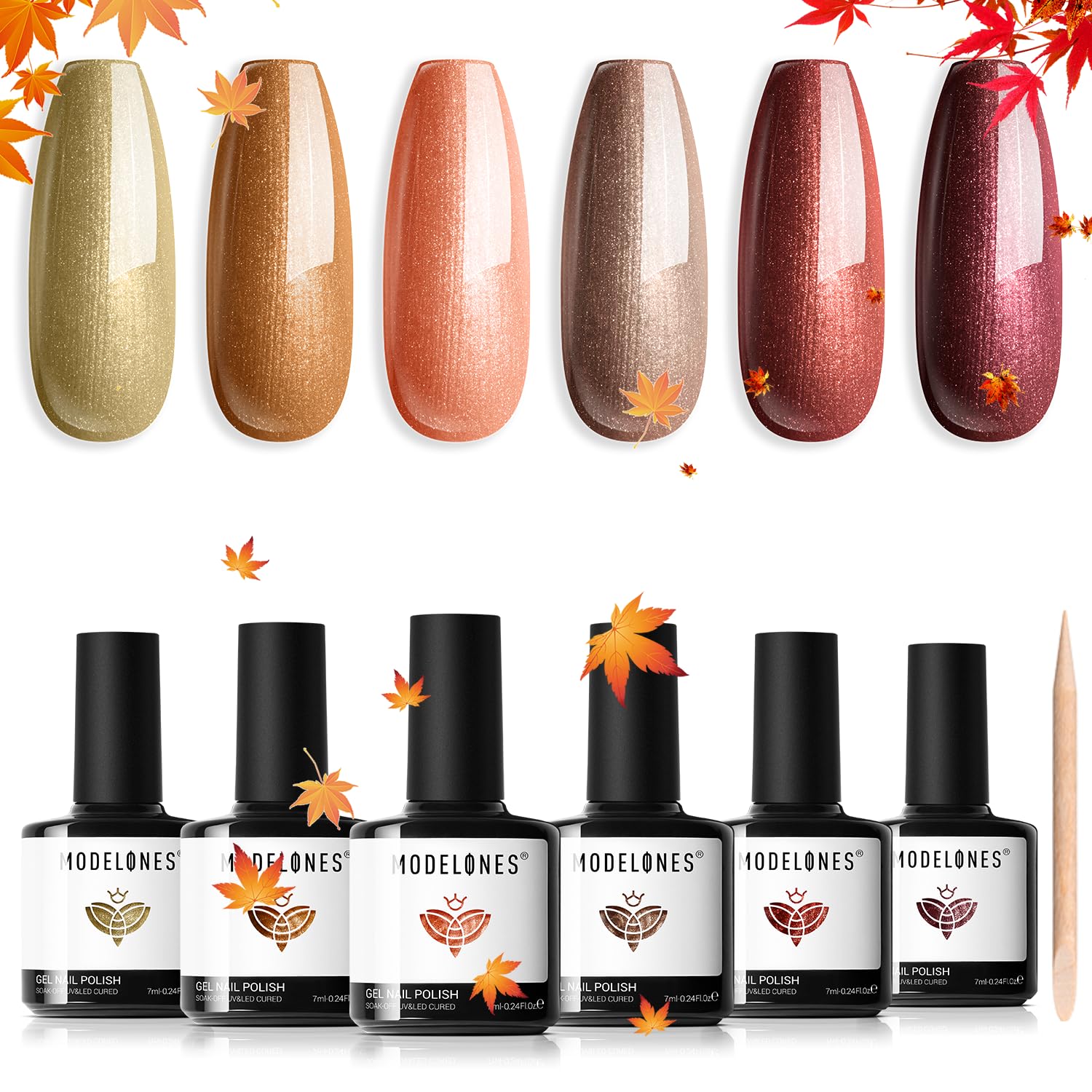 modelones Gel Nail Polish Set, 6 Colors Fall Brown Orange Red Yellow Nail Drawing Swirl Shell Thread Effect Gel Polish Kit Soak Off Led Halloween Nail Gel Polish DIY Mani Gift with Dotting Pen
