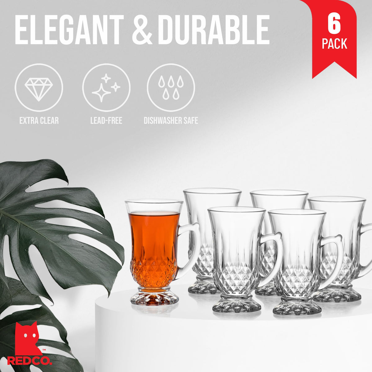 Red Co. 6-Pack Classic Clear Cut Glass 4.5 Oz Footed Turkish Tea Cups with Handles, Etched Design