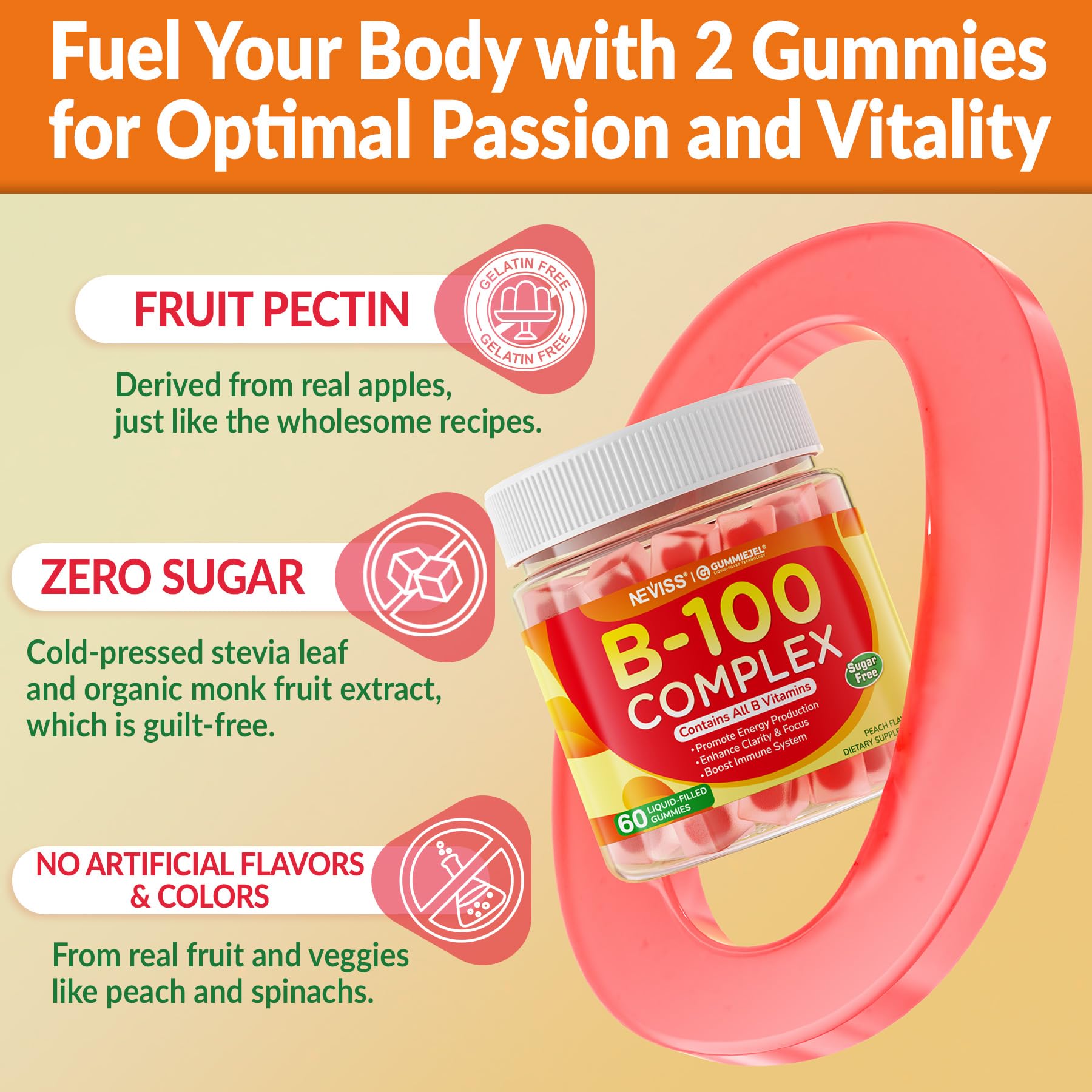 Super Vitamin B Complex Gummies - All B Vitamins Including Methyl B12, B1, B2, B3, B5, B6, Biotin, Methylfolate with Vitamin C, Choline, Inositol, PABA for Energy, Brain & Immune Support, Sugar Free
