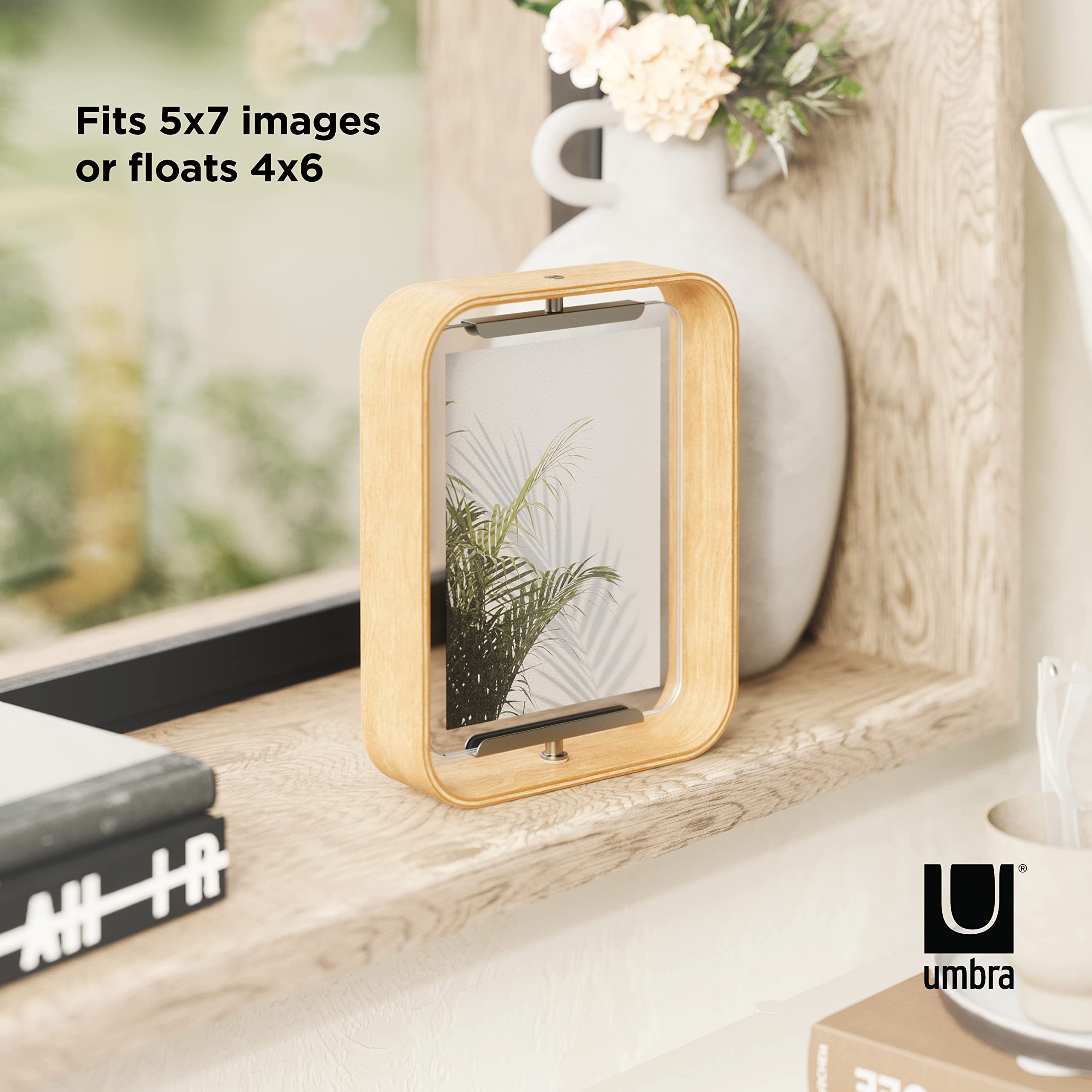 Umbra Bellwood Desk Frame, Rotating Floating Picture Frame, Horizontal or Vertical, 4x6in, Natural