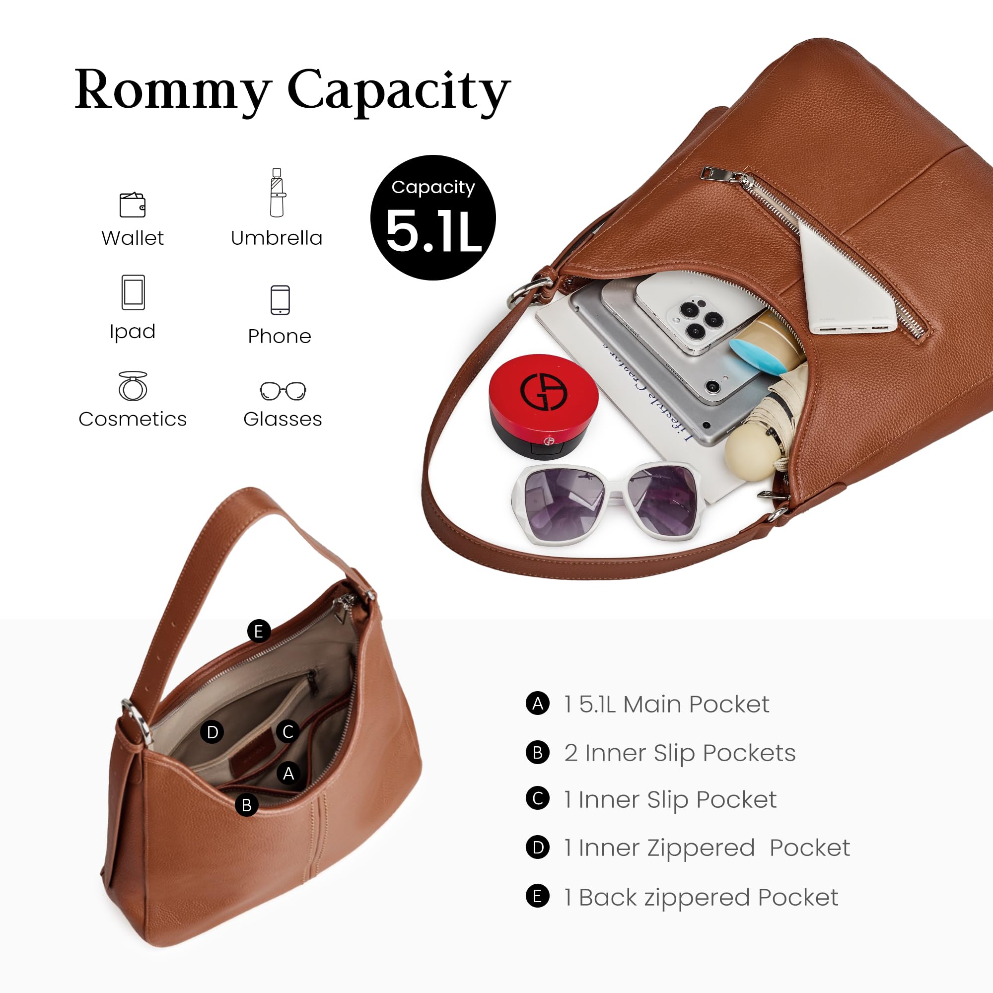 befen Genuine Leather Hobo Bag Purses for Women, Soft Real Leather Women's Shoulder Bag Handbags, Leather Shoulder Hobo Purse Designer Bags for Daily Work Travel (Dark Brown)