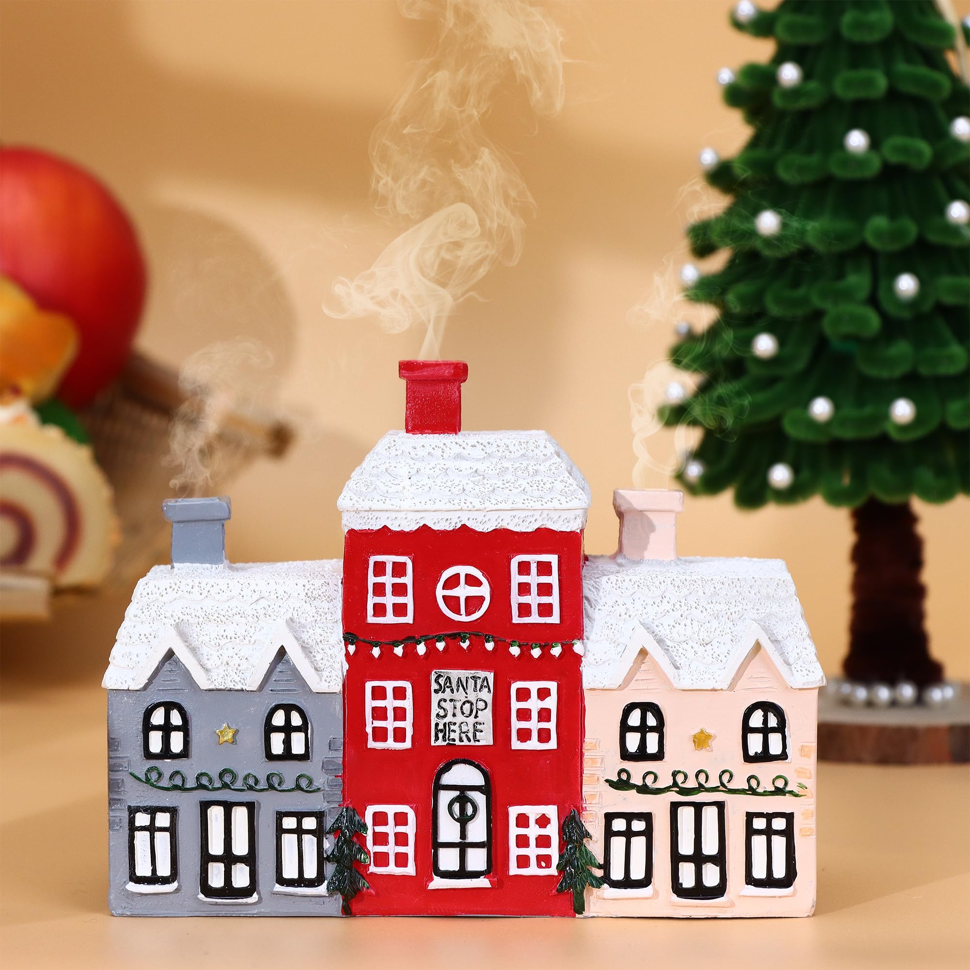 REAWOW Christmas Cabin Incense Burner Gingerbread House Incense Burner Village Incense Cone Holder Log Cabin Incense Burner for Holiday Decor Home Indoor Chimney