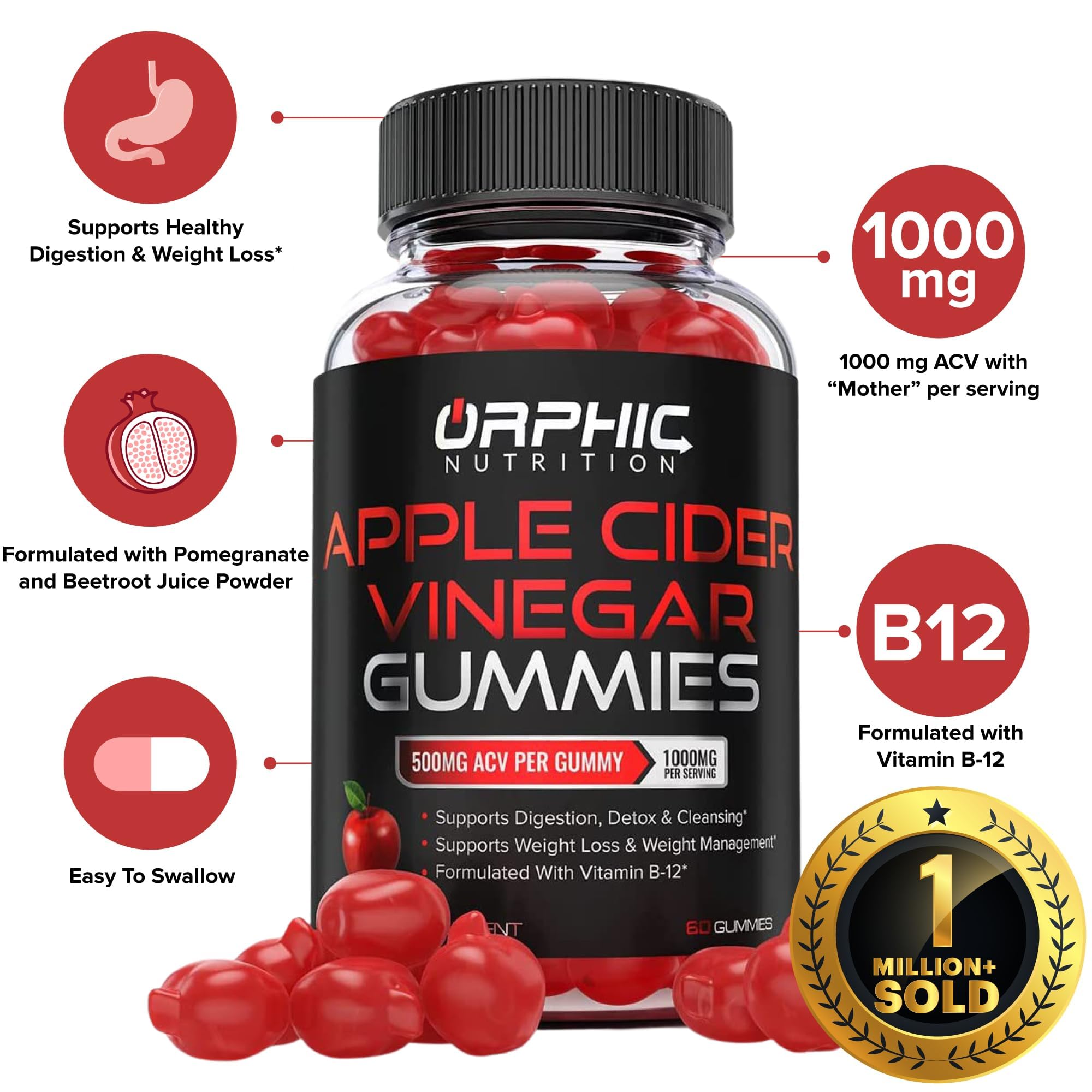 Apple Cider Vinegar Gummies - 1000mg - Formulated to Support Normal Energy Levels & Gut Health - Supports Digestion, Detox & Cleansing - ACV Gummies W/VIT B12, Beetroot (60 Gummies)