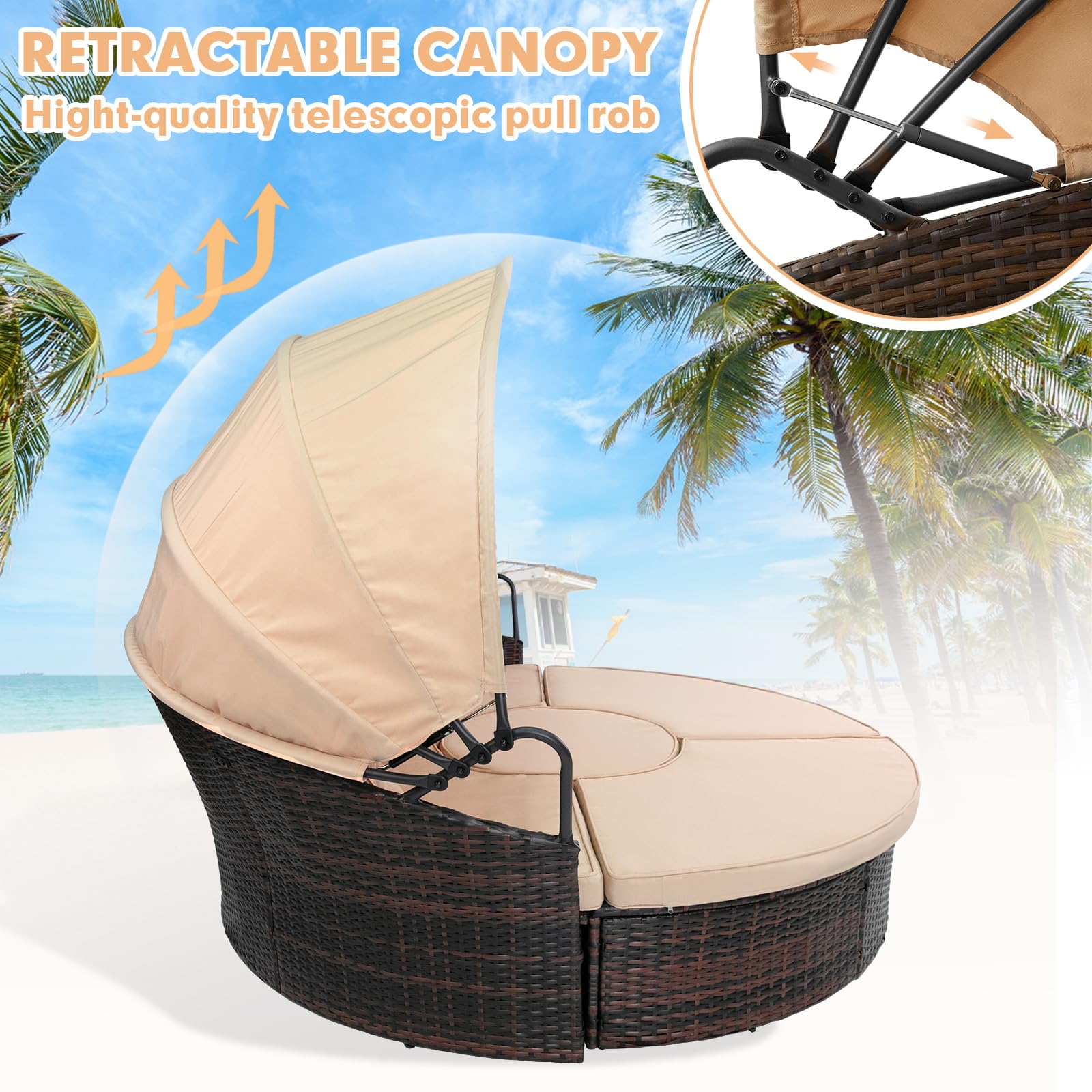 SUNCROWN Outdoor Patio Round Daybed with Retractable Canopy, Brown Wicker Furniture Sectional Couch with Washable Cushions, Backyard, Porch