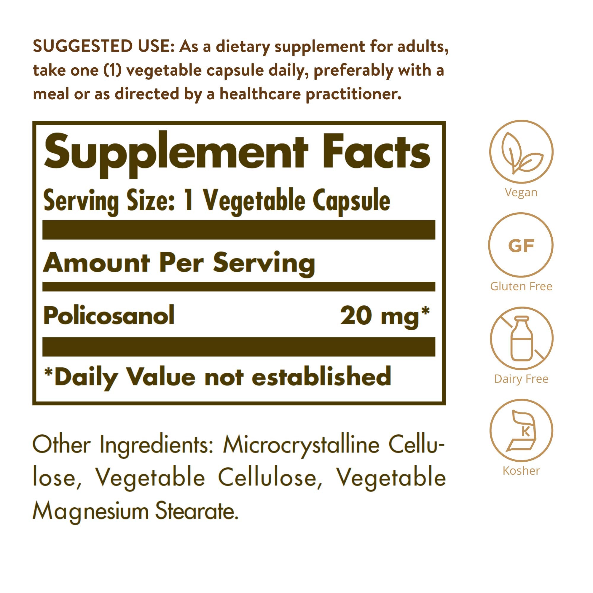 Solgar Policosanol 20 mg, 100 Vegetable Capsules - Supports Heart Health - General Wellness - Vegan, Gluten Free, Dairy Free, Kosher - 100 Servings