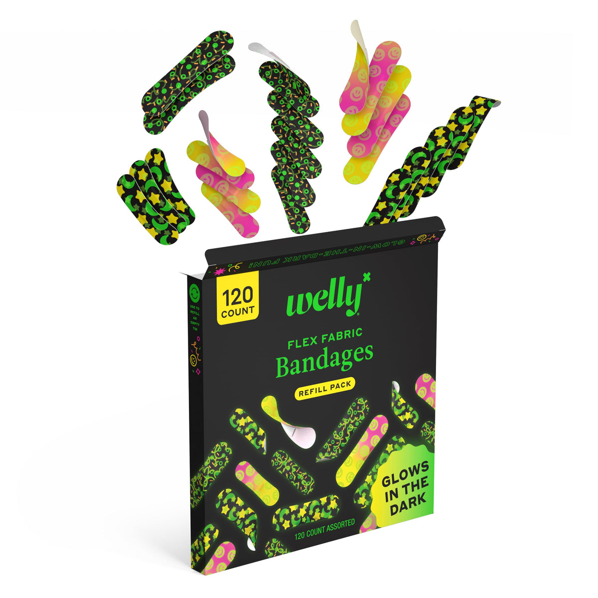 Welly Bandage Glow-in-The-Dark Refill Pack | Adhesive Flexible Fabric Bandages | Assorted Shapes and Patterns for Minor Cuts, Scrapes, and Wounds - 120 Count