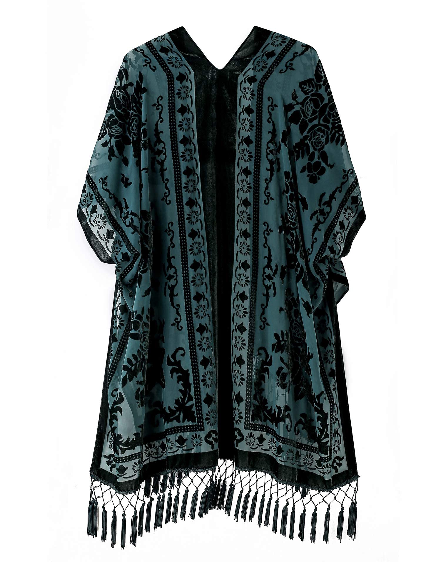 WeHello Women's Burnout Velvet Kimono Long Cardigan Cover Up with Tassel Dark Green