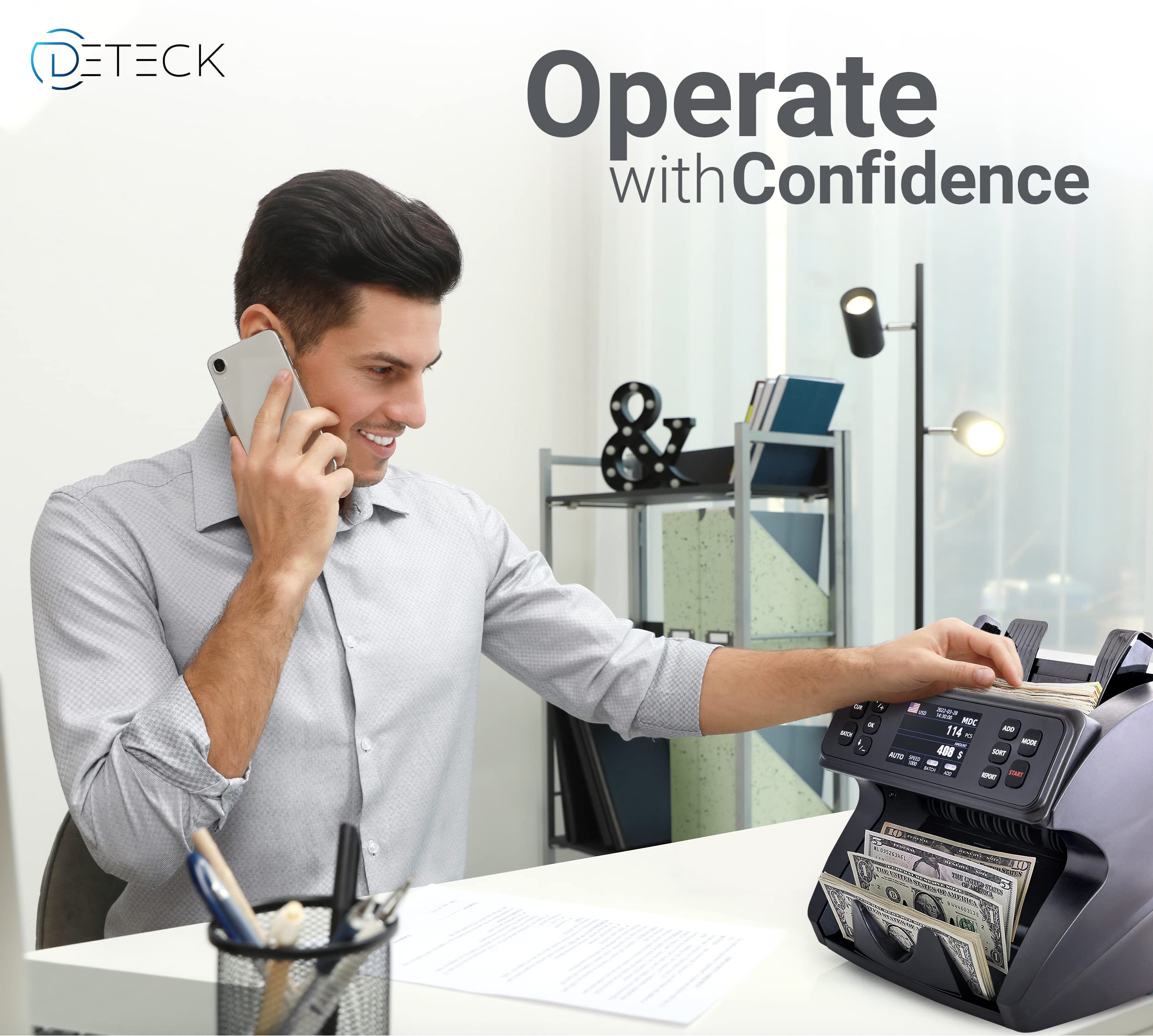 DETECK DETECK DT500 Money Counter Machine Mixed Denomination, Multi Currency Business Grade Bill Counter Machine, 1CIS/UV/MG Counterfeit Detection, Currency Counter, Value Count & Print