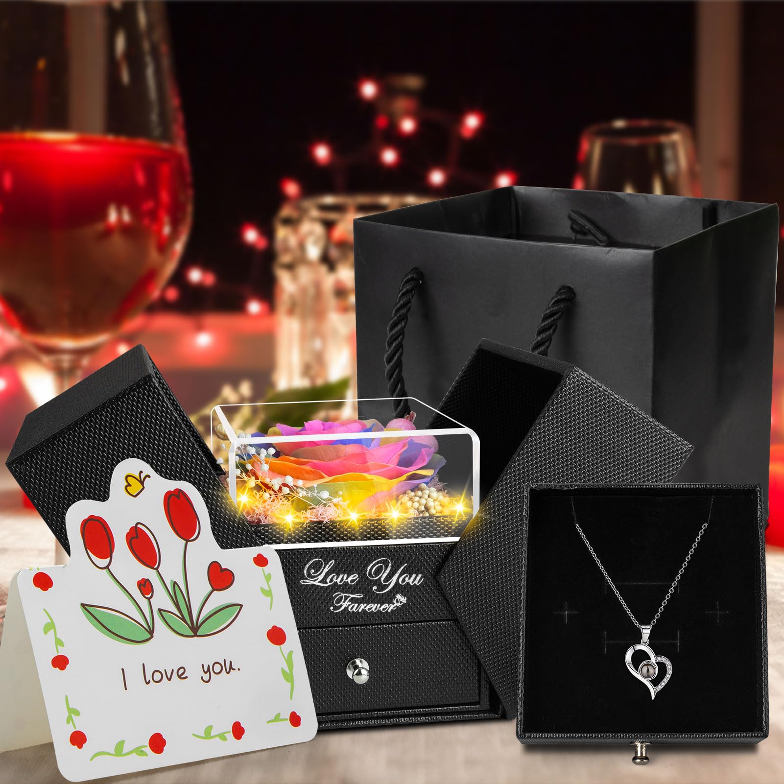 FOCIE Preserved Color Real Rose -Eternal Flowers Rose Gifts for Mom Grandma Wife Girlfriend on Mothers Day Valentines Day Gifts for Her Christmas Birthday Anniversary with I Love You Necklace