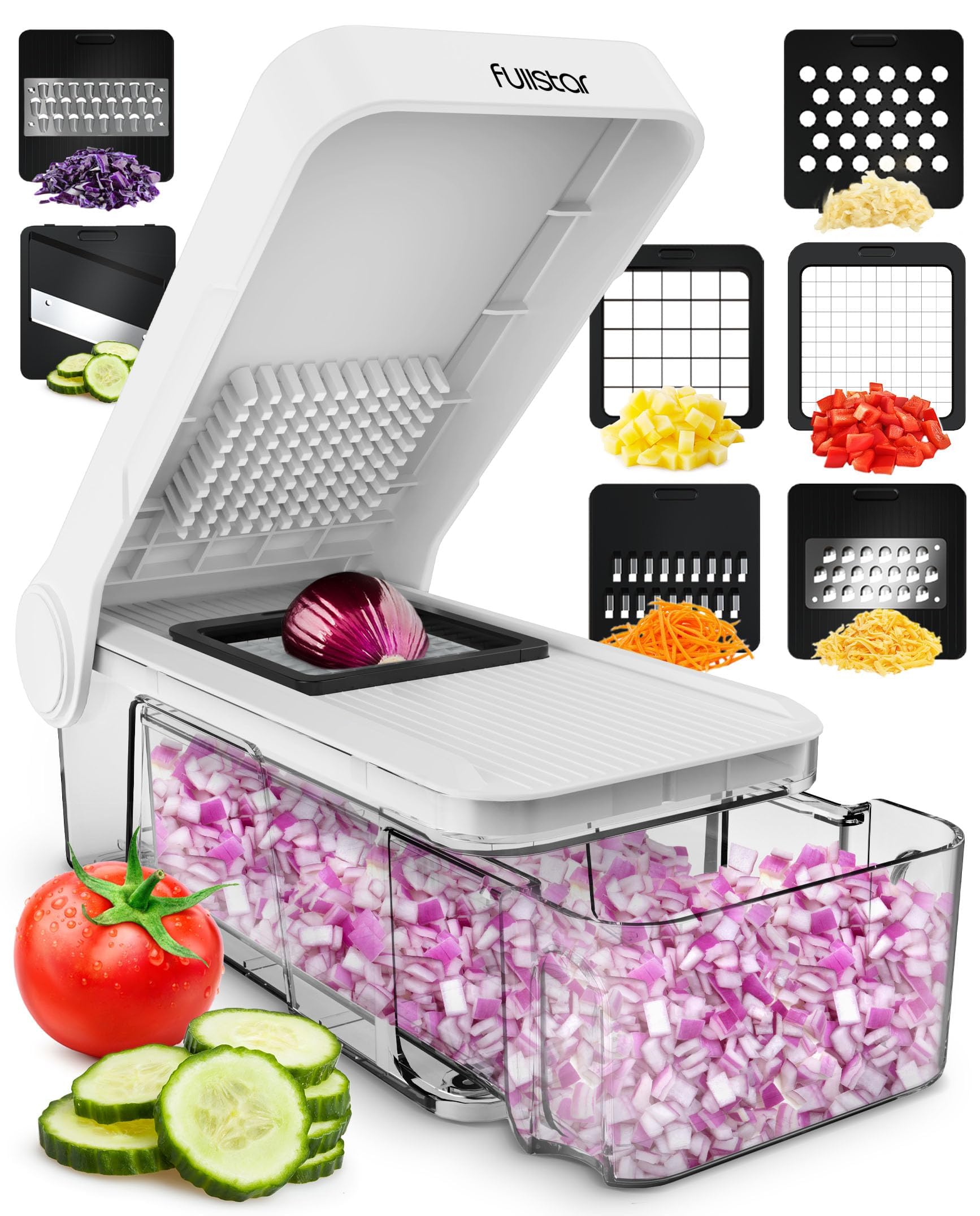 Fullstar Vegetable Chopper, Cheese Slicers, Food Chopper, Veggie Chopper, Onion Chopper, Vegetable Chopper with Container, Mandoline Slicer & Cheese Grater (7 in 1 - White)