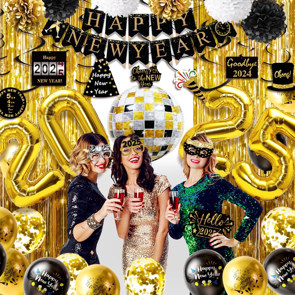 MOVINPE New Years Eve Party Decorations 2025 Black Gold, Happy New Year Party Supplies, Banner Pompoms Number Balloon Fringe Curtain Photo Booth Props Hanging Swirl Squawkers Blowouts