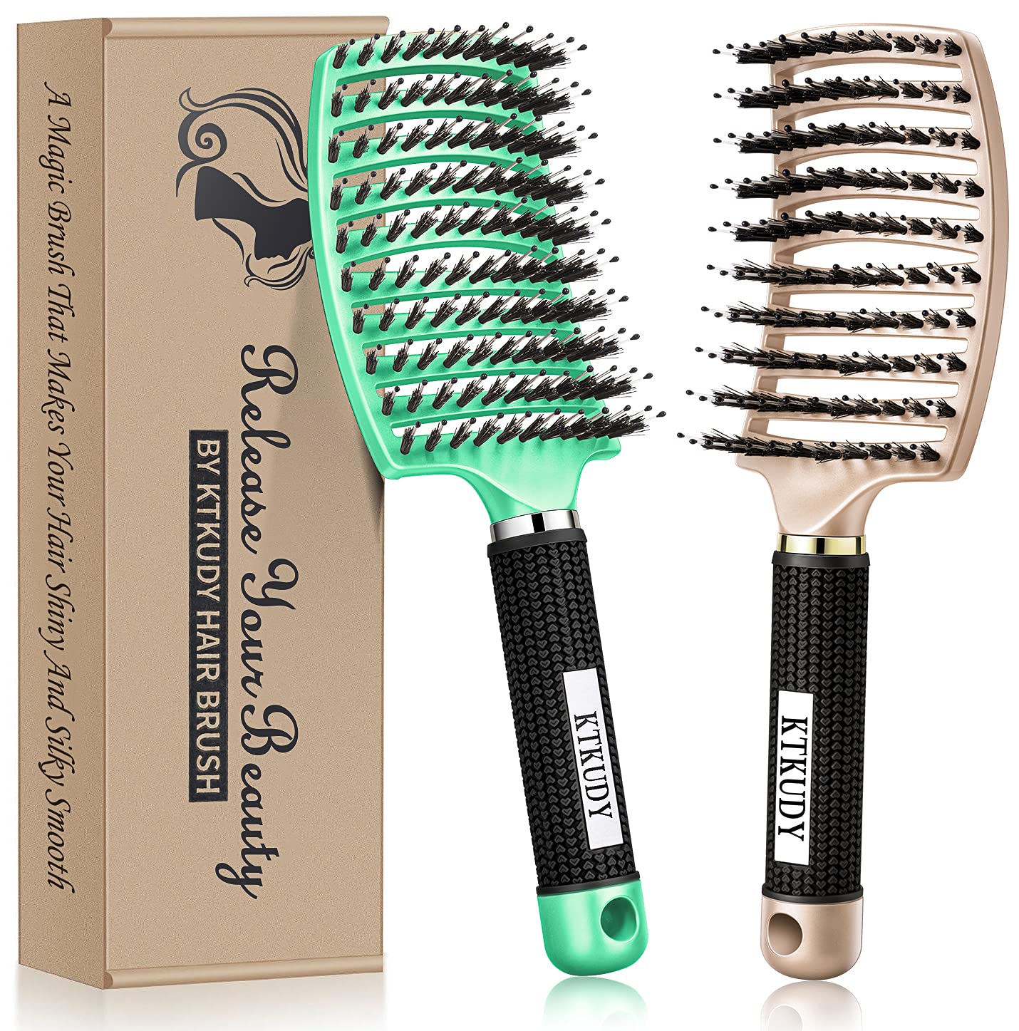 KTKUDY Detangling Brush Getting Knots Out without Pain - Boar Bristles Hair Brush Make Hair Shiny & Healthier Vented Detangler Brush for Women Men Kids Wet and Dry Hair (Gold & Green)