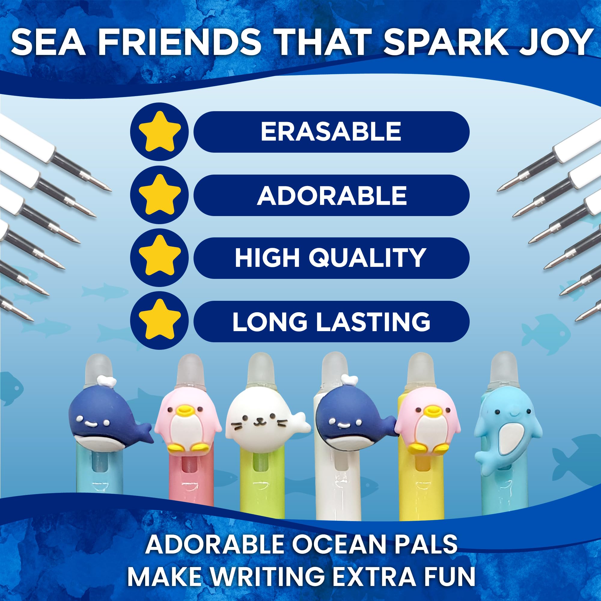 BUNMO Erasable Gel Pens 12 Pack w/Refills Included - Tween Stocking Stuffers Girls - Christmas Gifts for Girls - School Supplies - Erasable Pens for Smooth Writing & Drawing - Ocean Animals
