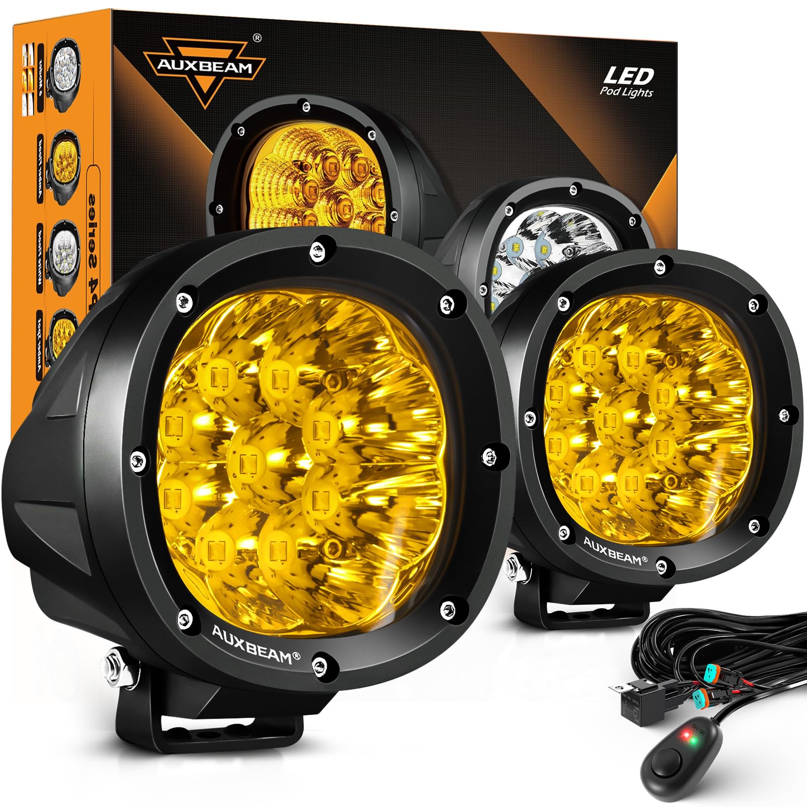 Auxbeam P4 Series LED Amber Fog Lights, 4 Inch 90W Yellow Round Offroad Light Bar, Spot Beam Off Road LED Pods Bumper Ditch Lights, for Trucks Car Motorcycle UTV, Pair