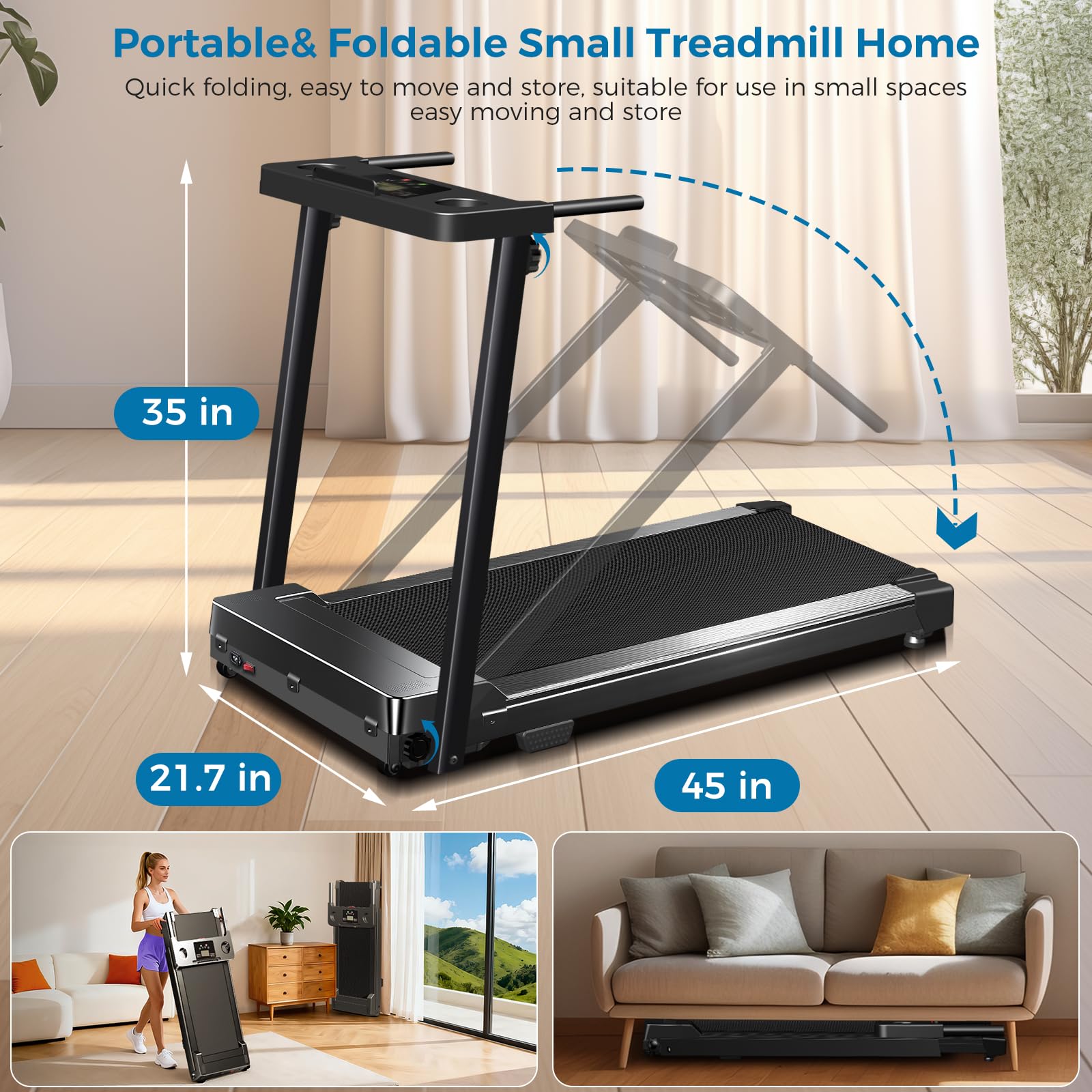 Treadmill with Handles, 2025 Upgraded Small Treadmills Home, Portable Electric Treadmills for Home 300 lbs Capacity,Walking Pad Treadmill,Lightweight Folding Foldable Walking Pad with LED Display