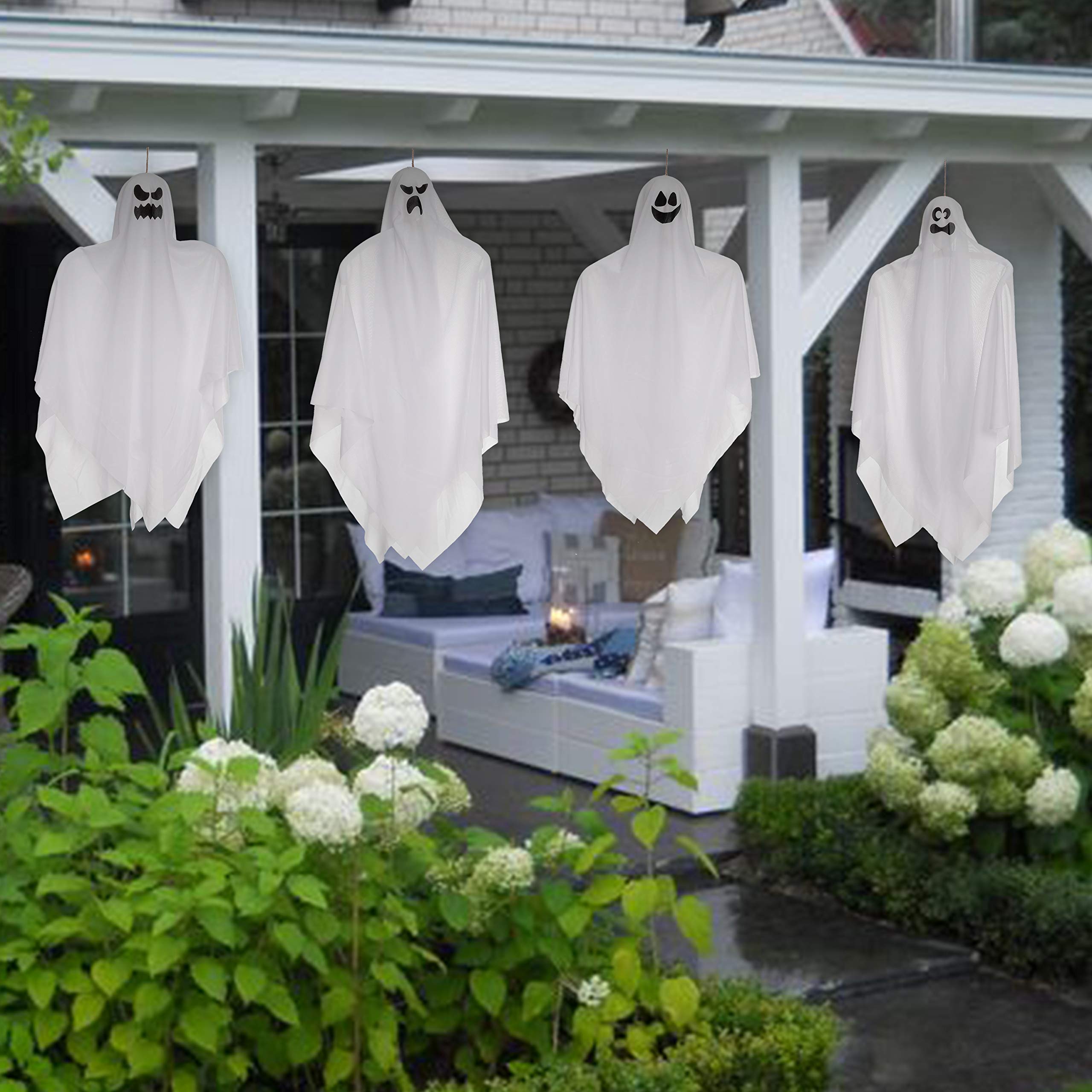 JOYIN Halloween Hanging Ghosts(4 Pack) Two in 35.5” and Two in 27.5” for Halloween Party Decoration, Cute Flying Ghost for Front Yard Patio Lawn Garden Party Décor and Halloween Hanging Decorations